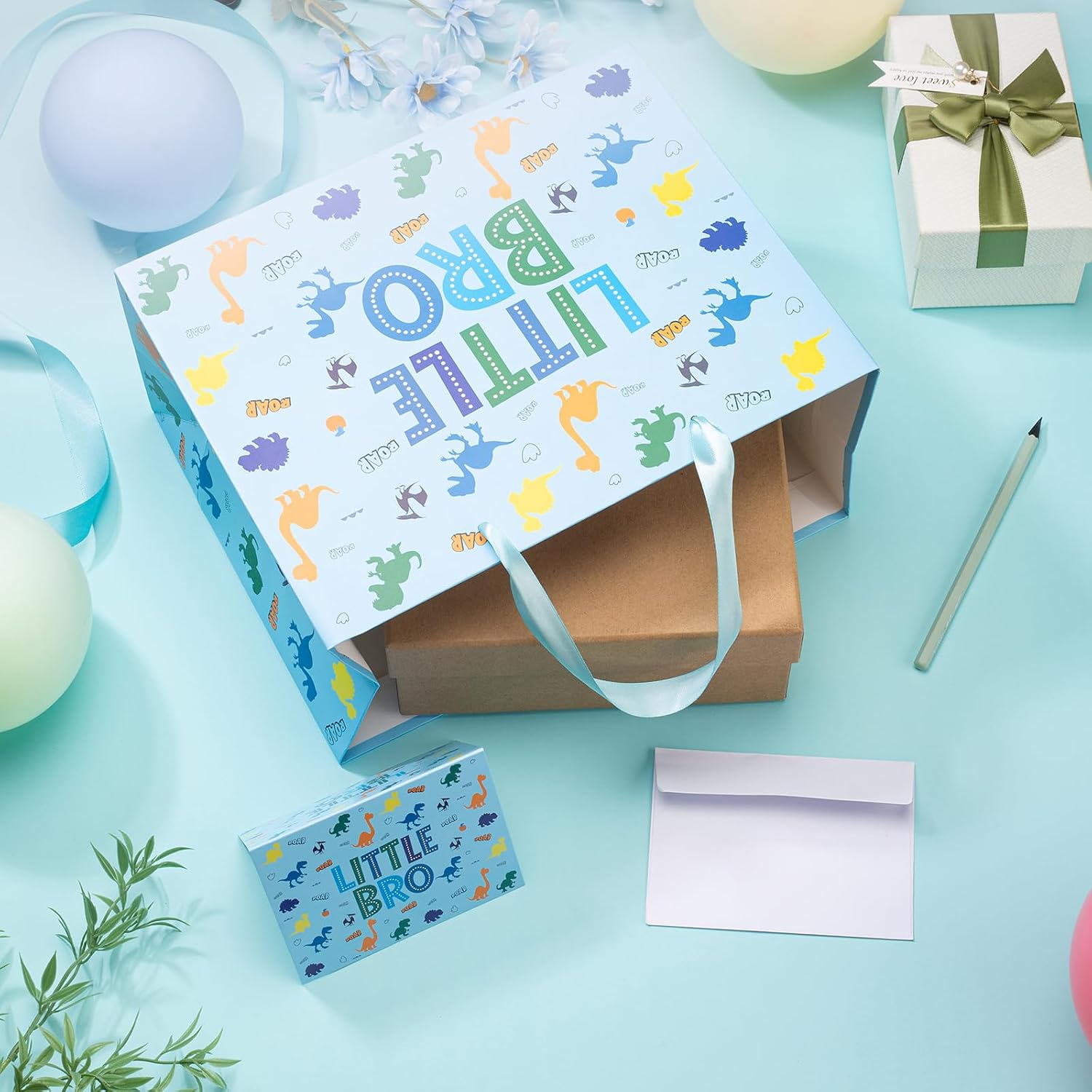 bigniuzi Medium Little Brother Gift Bag Baby Boy Shower Gift Bag Baby Boy Wrapping Paper for New Born Going Home Blue image 2