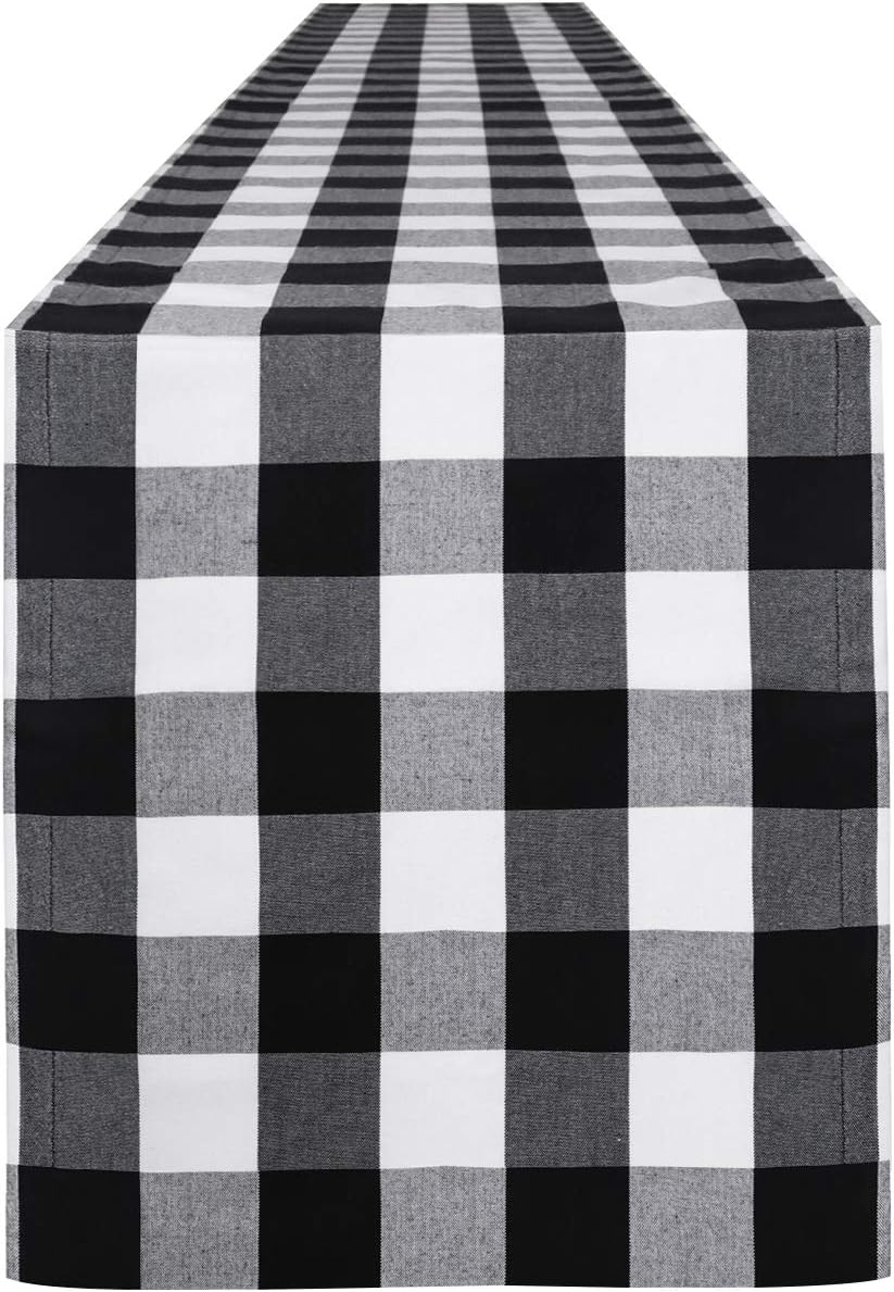 Syntus 14 x 72 inch Buffalo Check Table Runner Cotton-Polyester Blend Handmade Black and White Plaid for Family Dinner, Outdoor or Indoor Parties, Farmhouse, Thanksgiving, Christmas & Gathering: Home & Kitchen