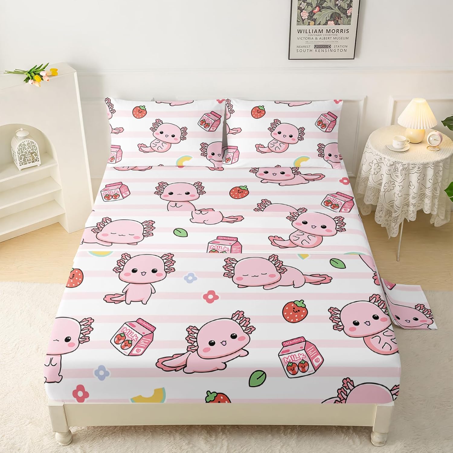 QOOMO Funny Axolotl Bedding for Boys and Girls Pink Striped Silky Soft Microfiber Bed Sheets Marine Life Soft Kids Bedding Set Queen Size 1 Fitted Sheet, 1 Flat Sheet, 2 Pillow Cases