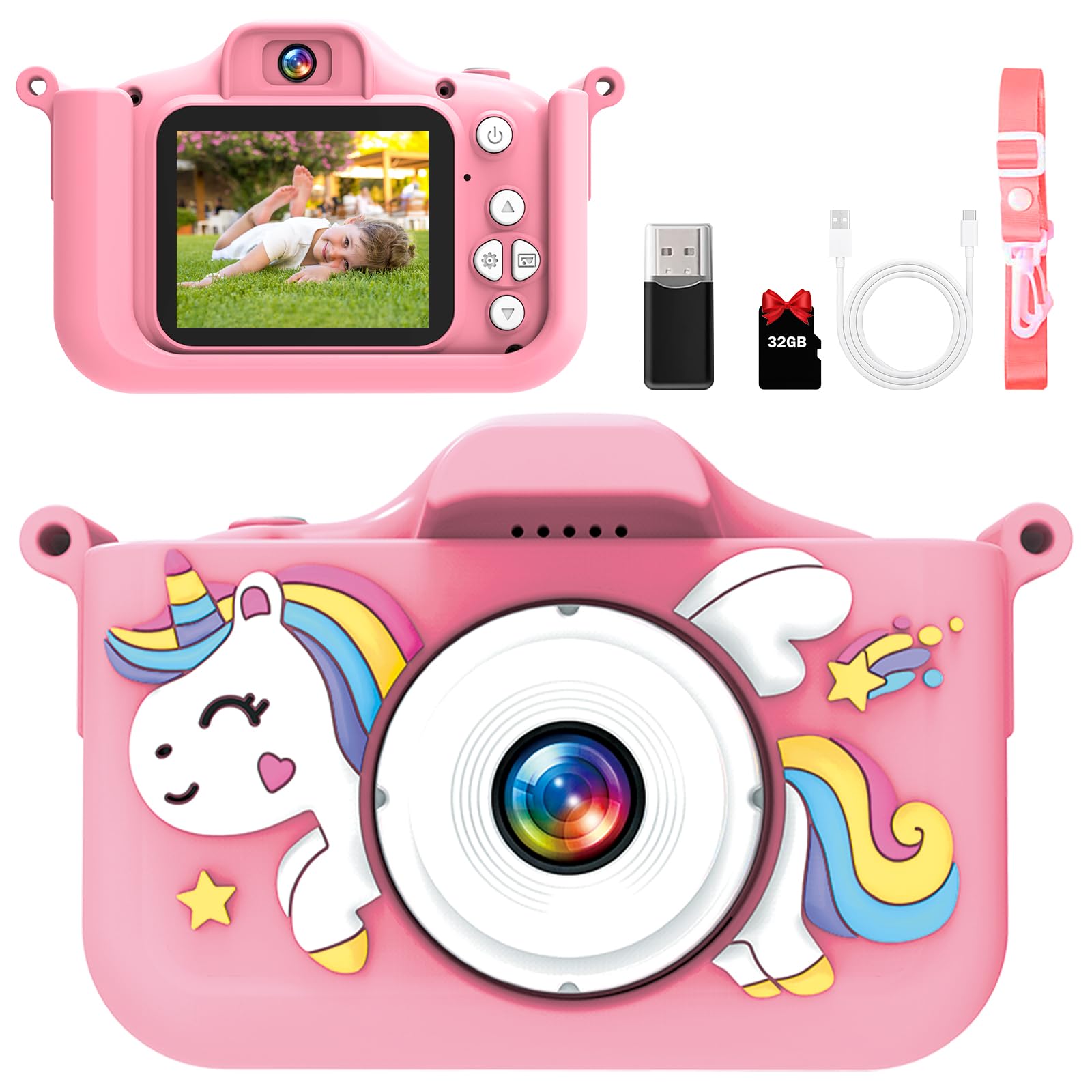 Fotocamera per bambini 1080P con 32GB e giochi - Fotocamera digitale per bambini dai 3 anni in su, fotocamera selfie con custodia in silicone unicorno, funzione di ricarica USB, musica e giochi