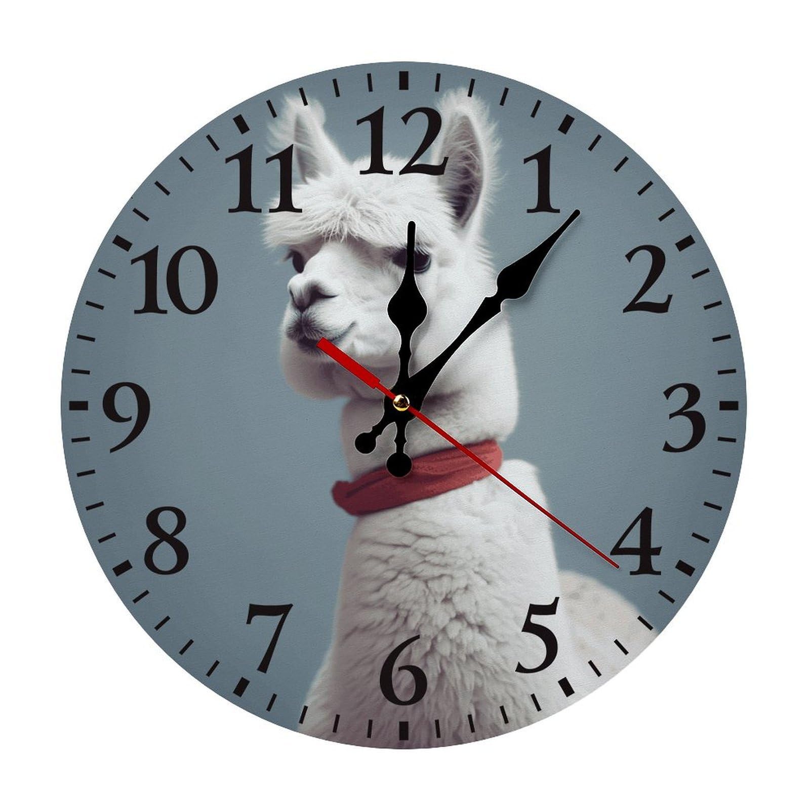 QMNLKH Alpaca Wall Clock for Home, Battery Operated Clock for Hotel, Round Wall Clock with Arabic Numerals Black, Easy to Read, Non-Ticking Clocks for Living Room 25 * 25cm