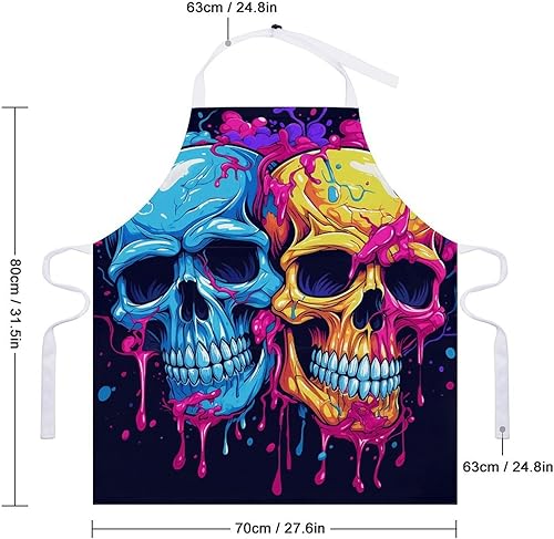 Miniatura 2 de Personalized Two Different Skulls Adult Apron, Kitchen Cooking Aprons for Woman Man, Adjustable Bib Apron with Pocket for Baking, BBQ Crafting
