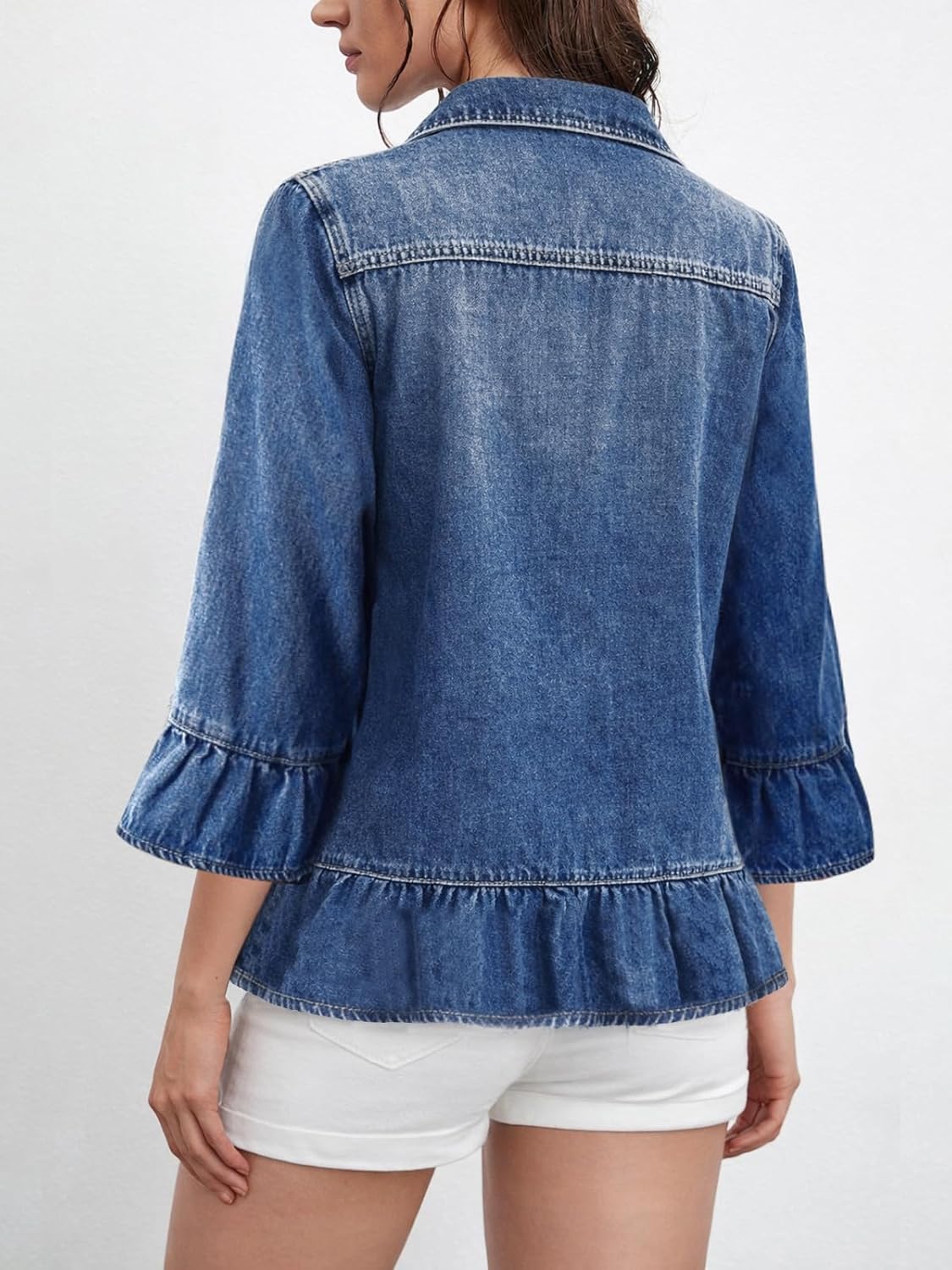 Kedera Denim Jacket for Women 3/4 Ruffle Sleeve Blue Jean Jacket Trendy Lightweight Jean Shacket for Spring Summer