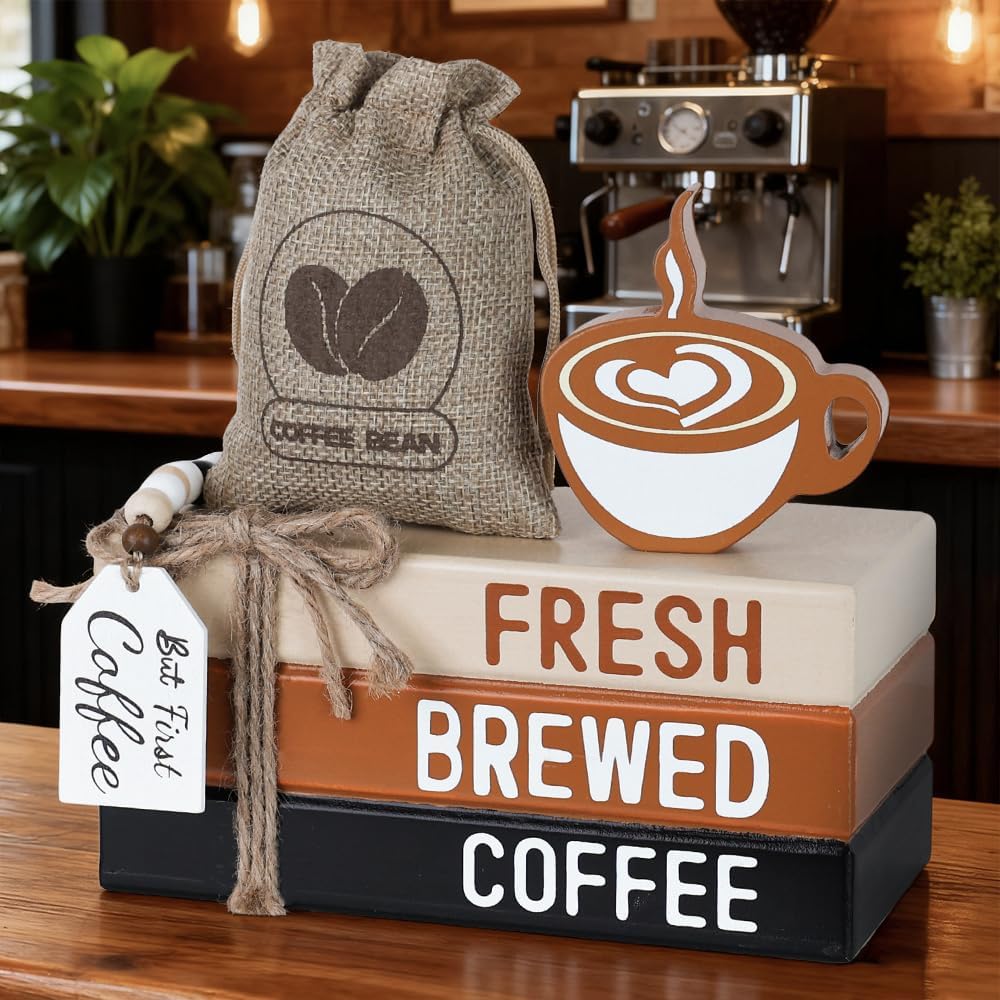 Coffee Bar Decor, DECSPAS Wooden Book Stacks with Bead Garland for Coffees Bar Accessories, FRESH BREWED COFFEE Sign Coffees Bar Decorations for Home, Tiered Tray, Table, Rustic Farmhouse Decor image 5