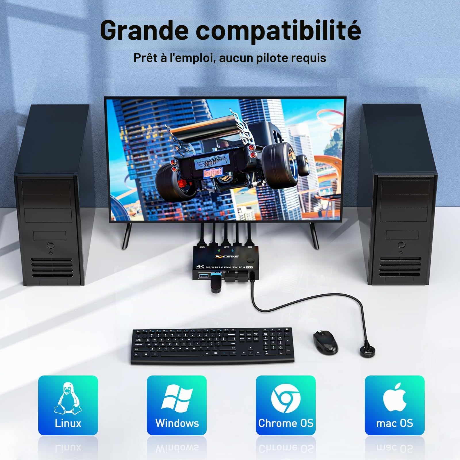 Commutateur KVM USB 3.0 Displayport 2 ports 8K à 30 Hz 4K à 144 Hz, commutateur KVM 2 PC 1 moniteur prenant en charge DP1.4 compatible avec D1.2, avec 4 ports USB 3.0 pour claviers et souris, etc.