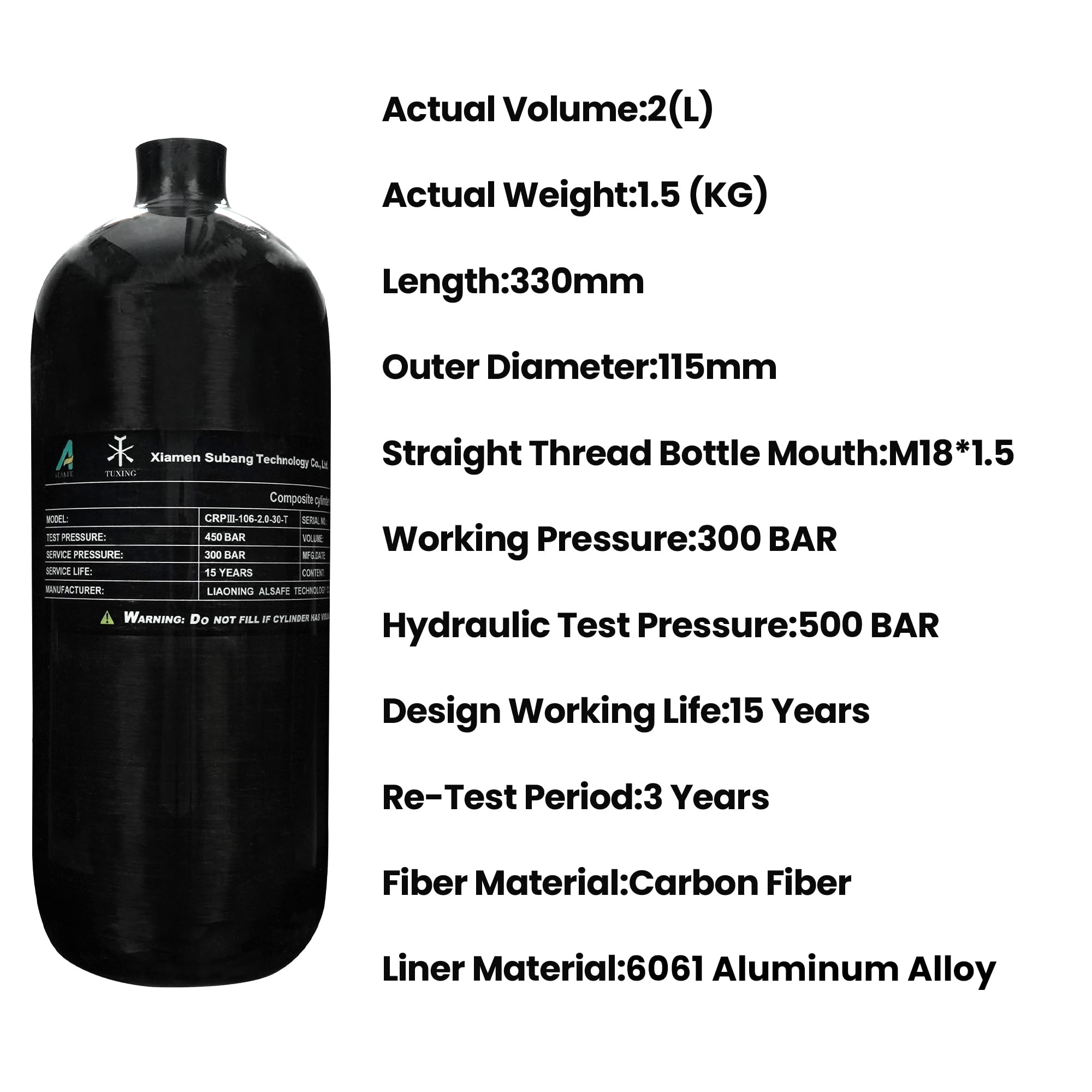 TUXING 4500Psi Lufttank, PCP-Paintball, Kohlefaser-Lufttank 3L,Hochdruck-Verbundflasche, CE-geprüft