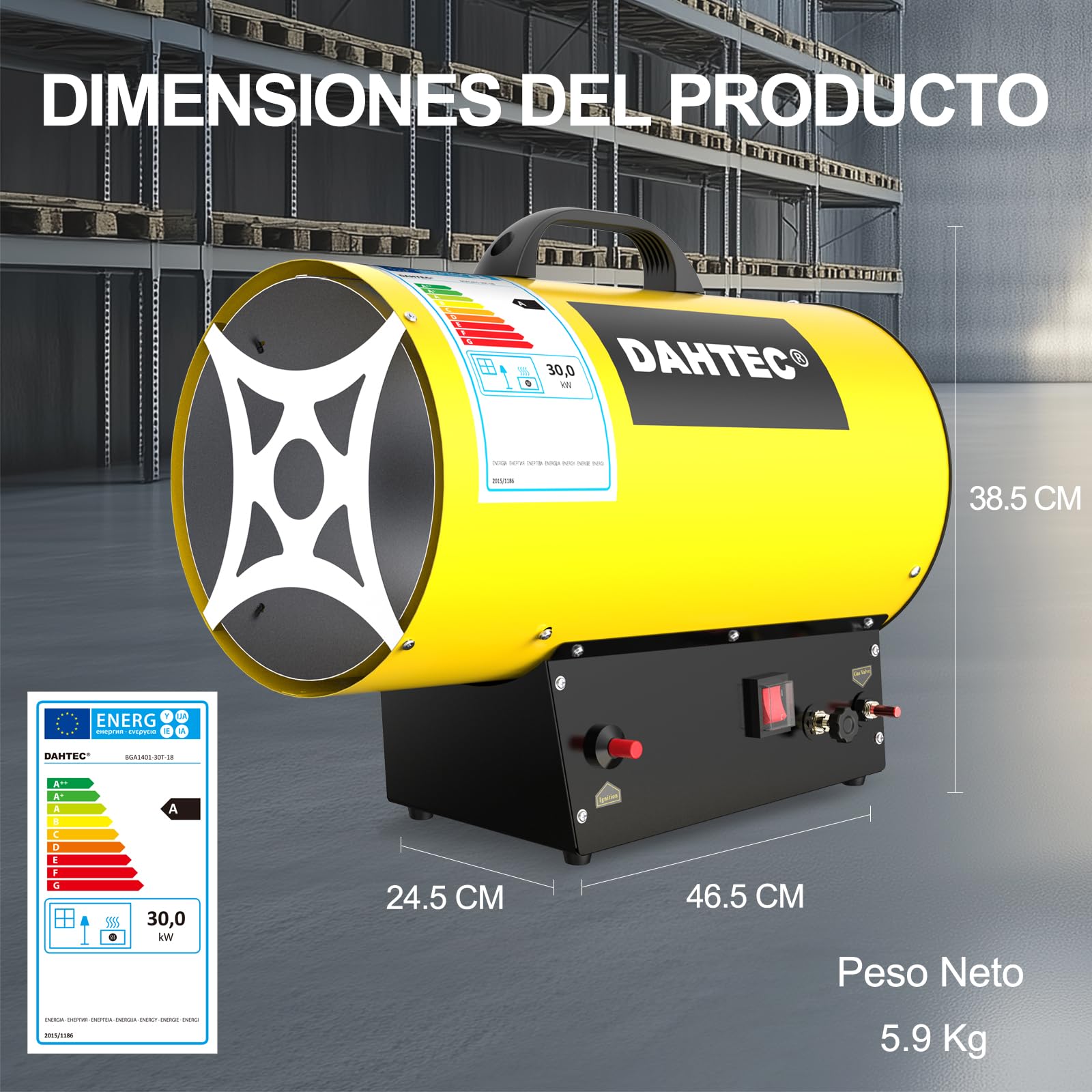 Calefactor de Gas Auxiliar 18-30 kW Potencia Regulable Cañón de Calor Soplador de Aire Caliente para Obras, Amarillo