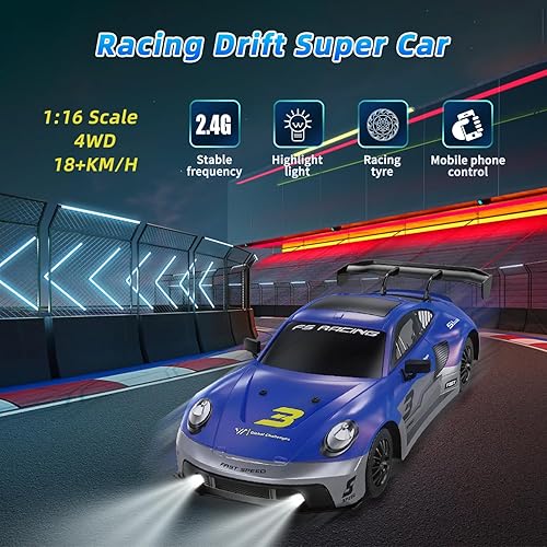 Miniatura 2 de Fistone RC Drift Car, 2.4GHz escala 116 4WD coche de control remoto de alta velocidad, coche de juguete deportivo de carreras con luces LED,