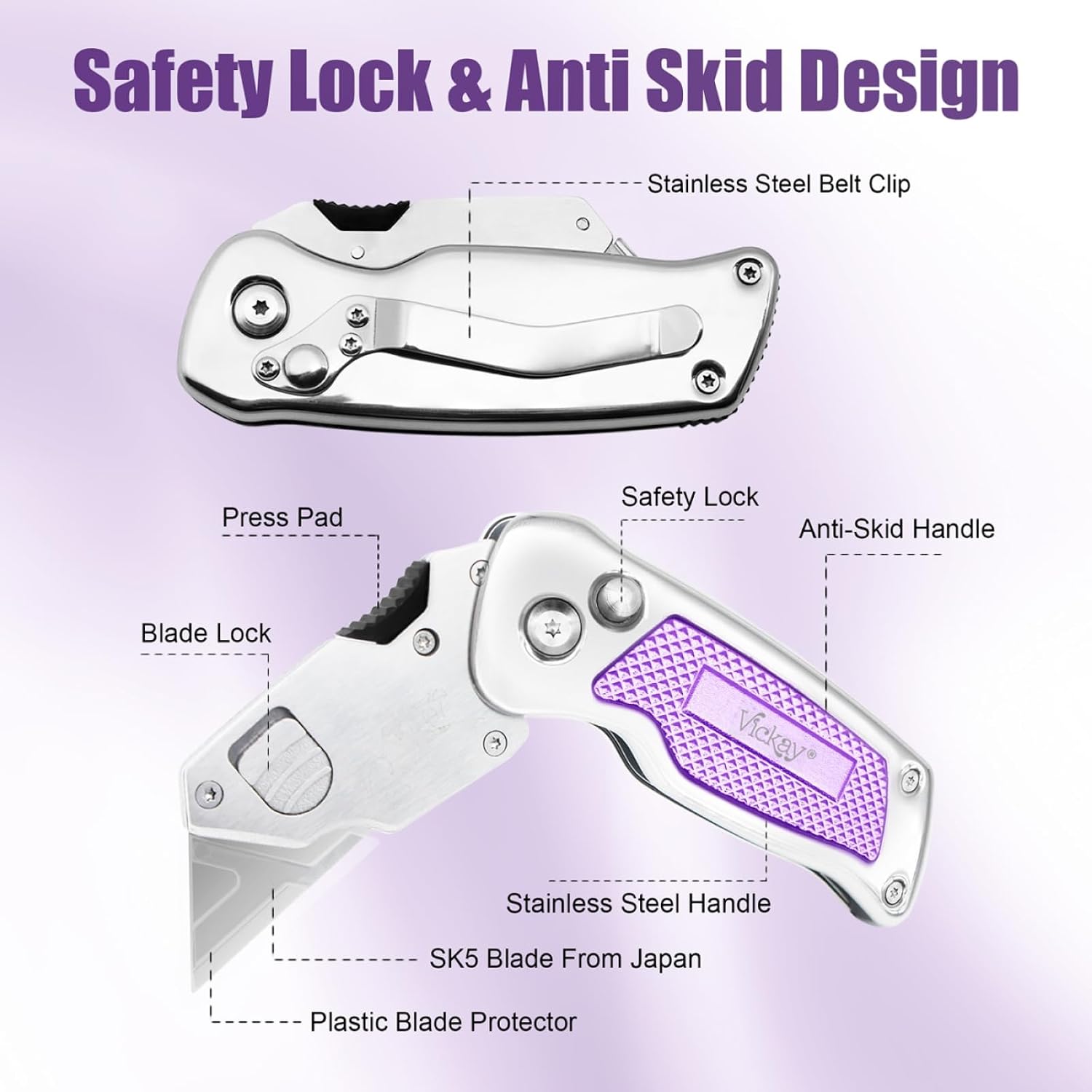 Vickay Box Cutter, Utility Knife with Belt Clip, Stainless Steel Body Handle, Quick-change Blade and Safety Axis Lock, Razor Knife, Cardboard Cutter with Extra 5PC SK5 Blades (Purple)