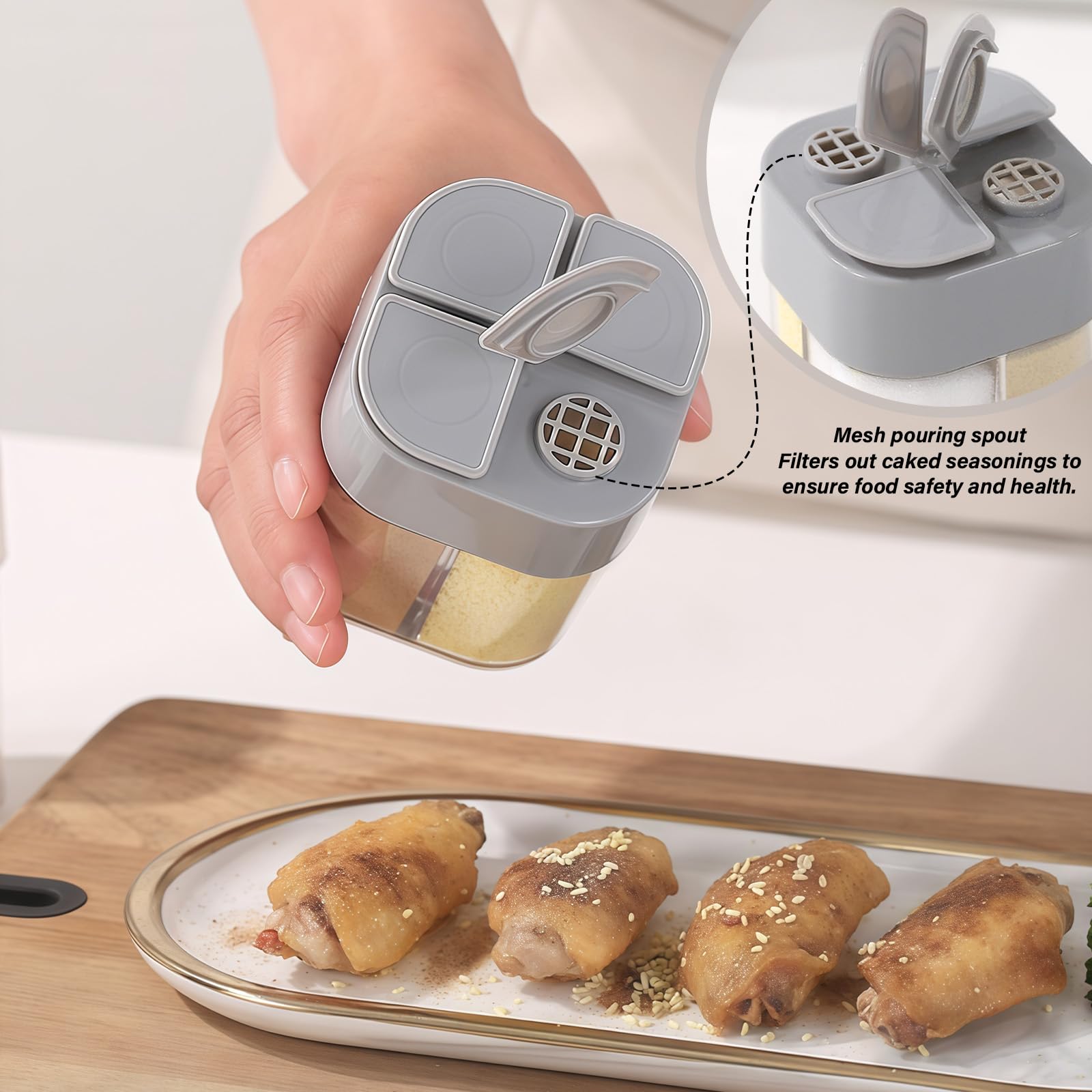 2 Stück Gewürz Dispenser, 4 in 1 Gewürzstreuer Camping, Reisegewürzdose aus Kunststoff, Gewürzdosen mit Fächern, Tragbare Cruet Flasche für Picknick, Lunchboxen, Küche (Grau)