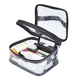 Double Layer Clear Cosmetic Bag Makeup Bag, Waterproof Travel Toiletry Bag, Transparent PVC Hair & Nail Accessories Pouch Beach Bag Organizer (Black)