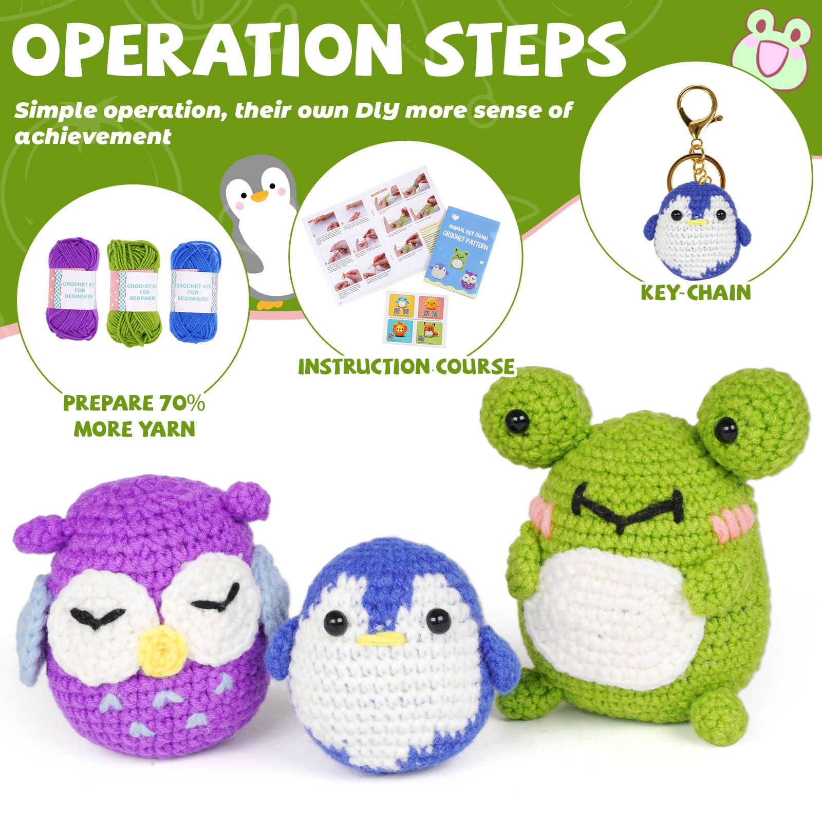 Beginners Crochet Kit - 3 Pattern Cute Animals Frog, Owl, Penguin, Crochet Starter Kit for Adults and Kids DIY Crocheting Knitting Kit with Step-by-Step Video Tutorials and Yarns, Hook, Accessories