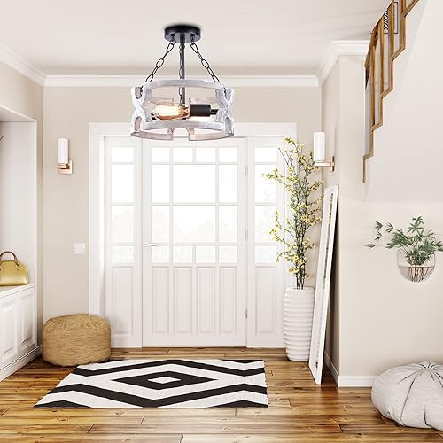 Miniatura 8 de DarkHome Lámpara de techo de montaje semirempotrado, lámpara de araña rústica vintage de madera negra mate de metal, 2 luces E26 para pasillo,