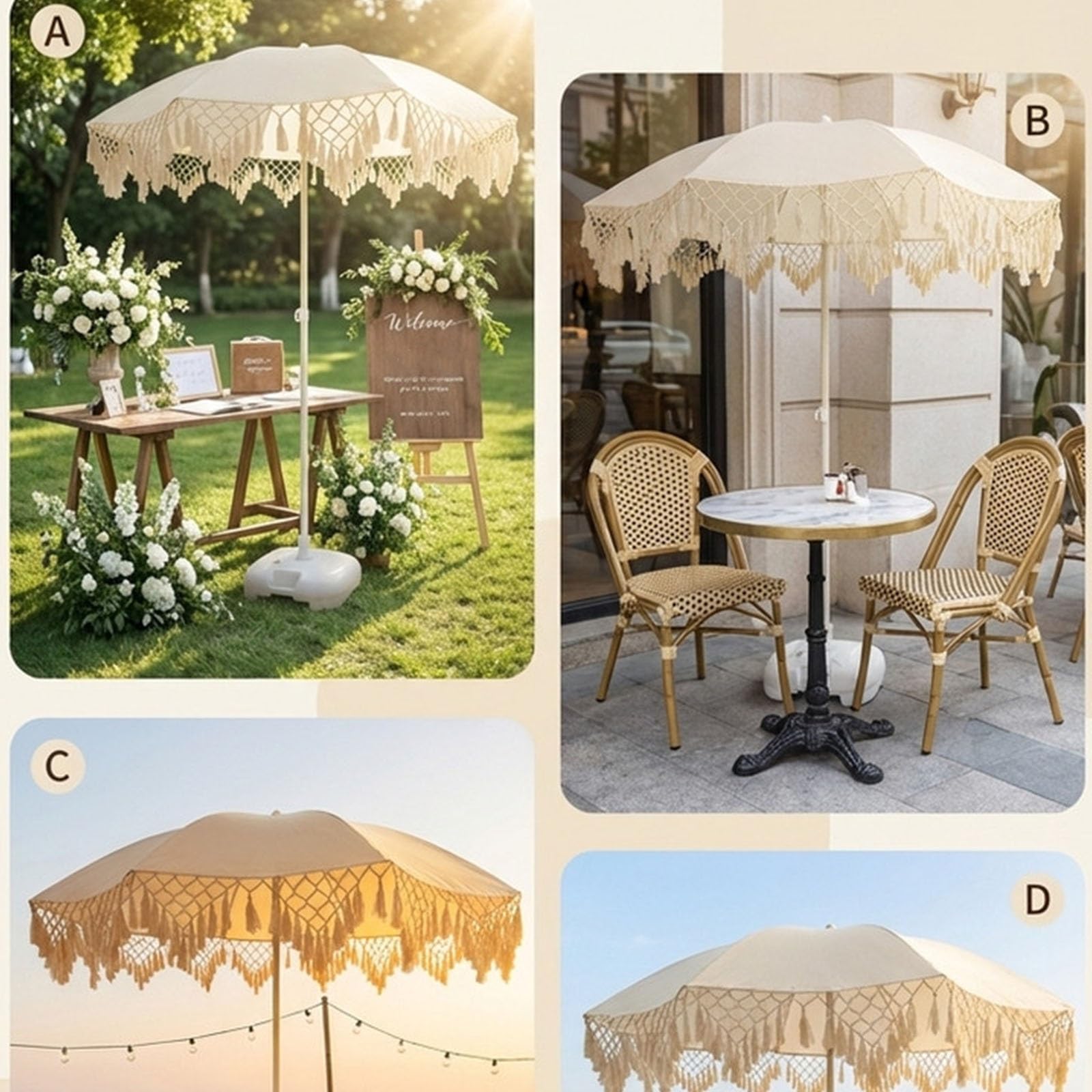 Prosty Parasol Z Frędzlami, Regulacja Kąta 45 Stopni, Pogrubiona Rama, Parasol Ogrodowy O Długości 1,6 M, 1 Szt.