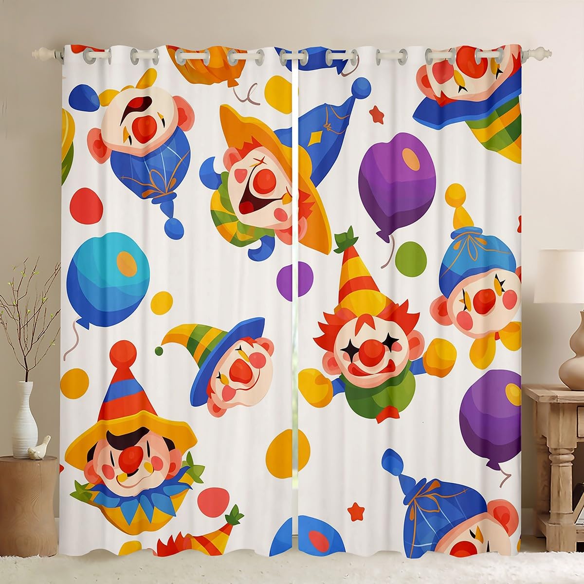 Cartoon Clown Blackout Curtains Funny Circus Curtains for Kids Boys Girls, Rainbow Polka Dots Curtains & Drapes Colorful Balloon Living Room Curtains, Enjoyment Entertainment Theme Window Curtains