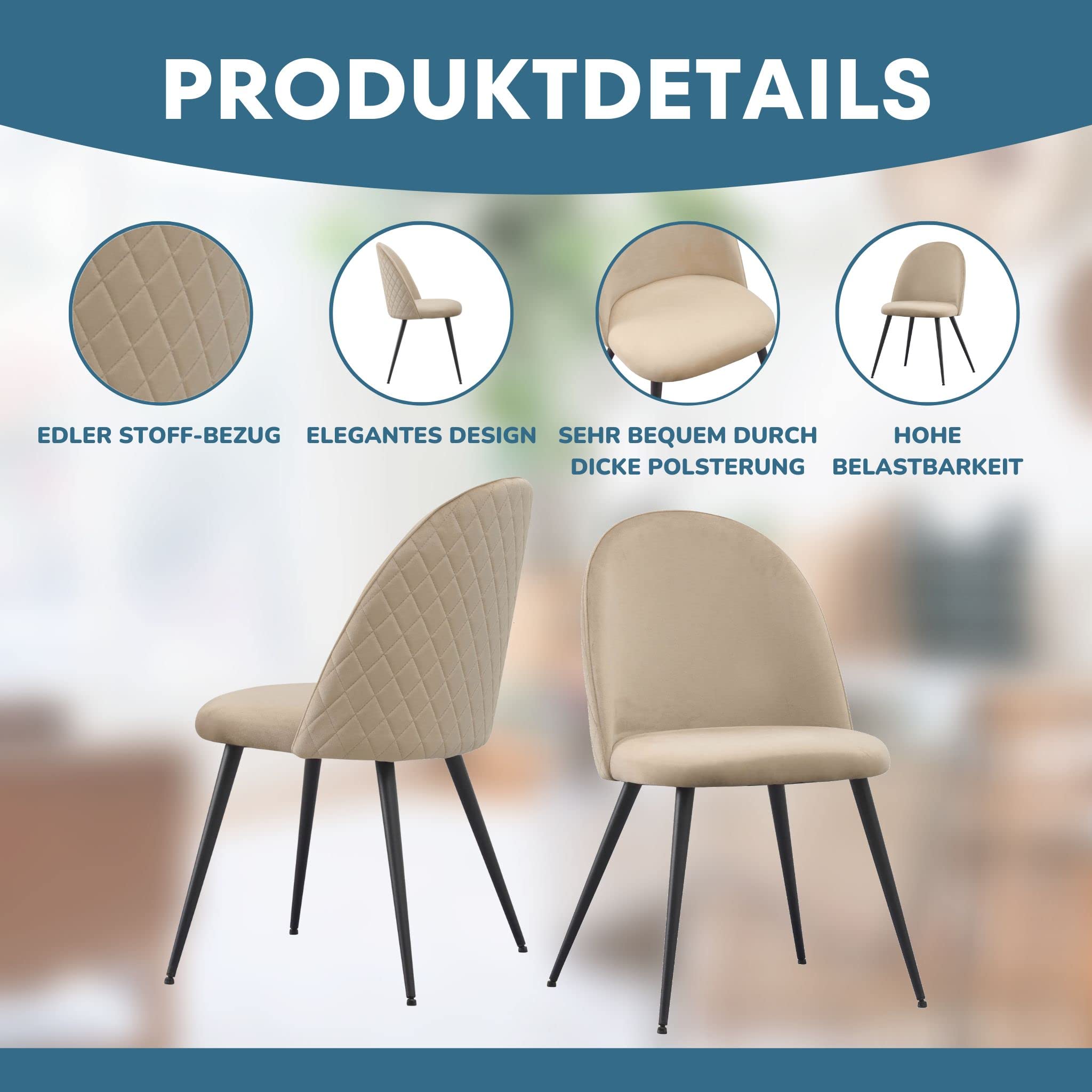 ALBATROS Esszimmerstühle mit Samt-Bezug 4er Set Capo, Beige - Stilvolles Vintage Design, Samt-Bezug, SGS geprüfter Polsterstuhl - Moderner Küchenstuhl, Stuhl Esszimmer oder Esstisch Stuhl