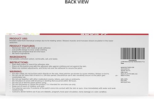 Miniatura 3 de JJ CARE Parche térmico para aliviar los calambres menstruales (12 piezas, tamaño regular), alivio del dolor de período para calambres con carbón