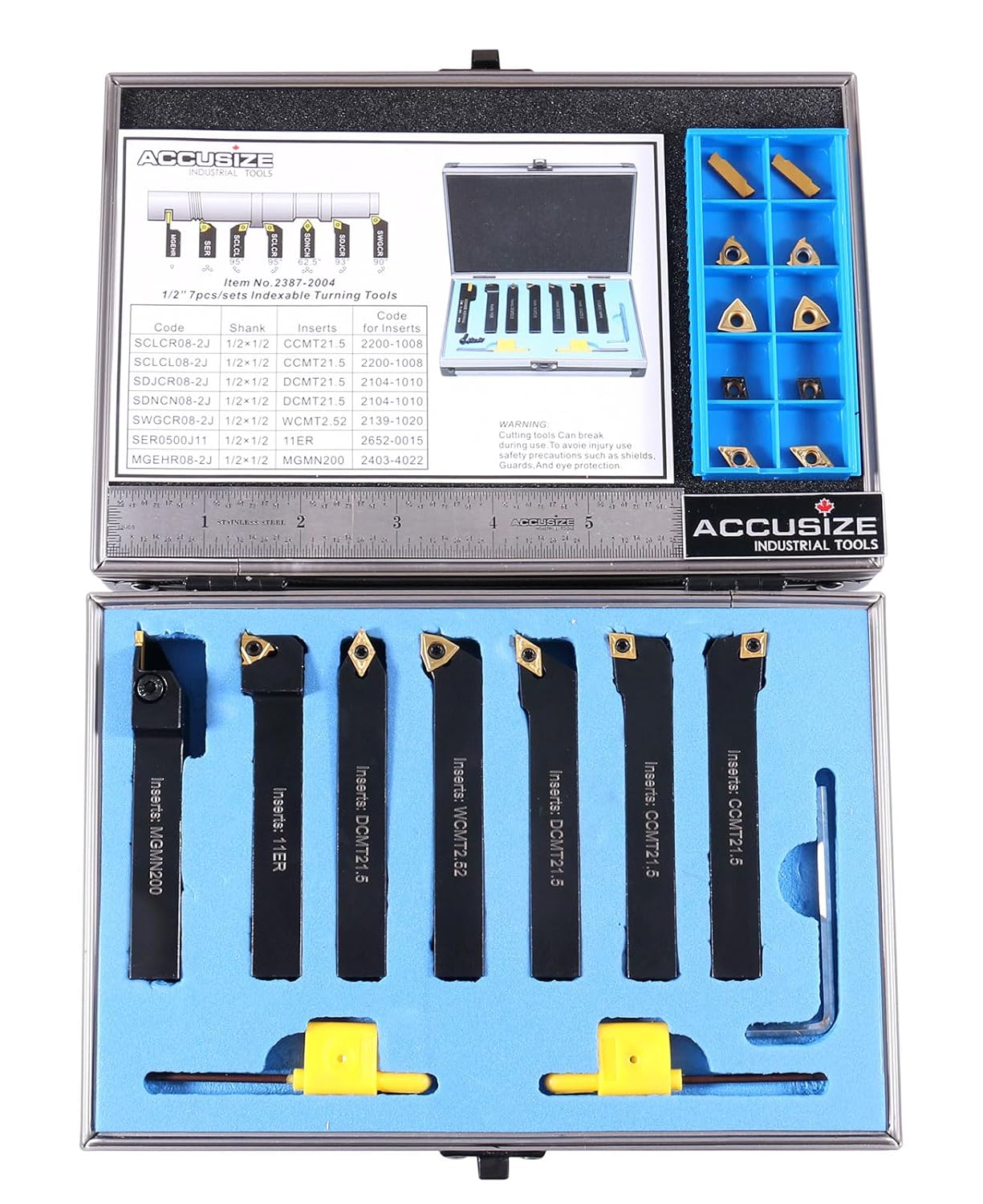 Accusize Industrial Tools 1/2'' Shank 7pc Indexable Carbide Turning Tool Set with 10 Extra TiN‑Coated Inserts, 2387‑2004PLUS