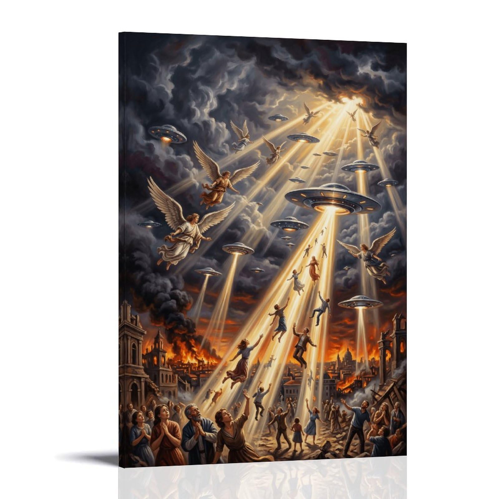 Poster apocalittico, stampa su tela con UFO religioso, angeli e alieni che raggiano persone, arte surreale di fantascienza, arte da parete per soggiorno, 40 x 60 cm