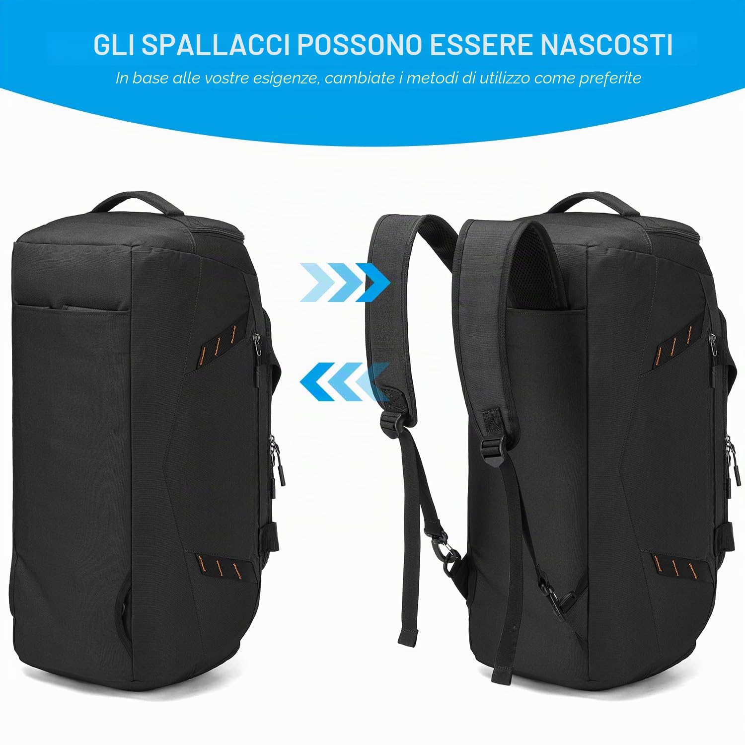 Borsone Palestra Uomo Donna 40L Borsa Sportiva con Portascarpe e Tasca Umida Borsone da Viaggio con Funzione Zaino per Fitness, Sport, Gym, Campeggio, Nero