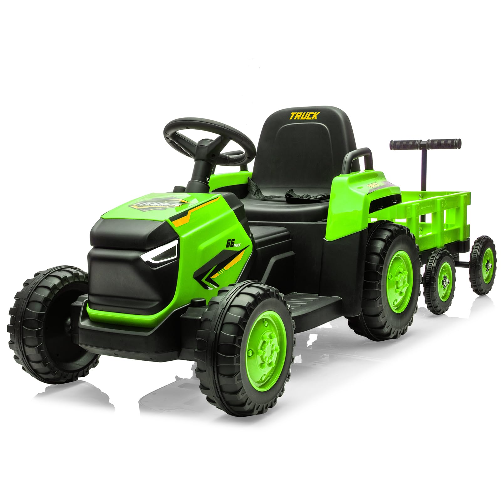 12V Kinder Elektrotraktor mit abnehmbarem Anhänger – 6 Räder, Doppelmotor, LED-Lichter, Musik & Hupe, 2,4G Fernbedienung, Sicherheitsgurt, 3 Geschwindigkeiten, wiederaufladbare Batterie –