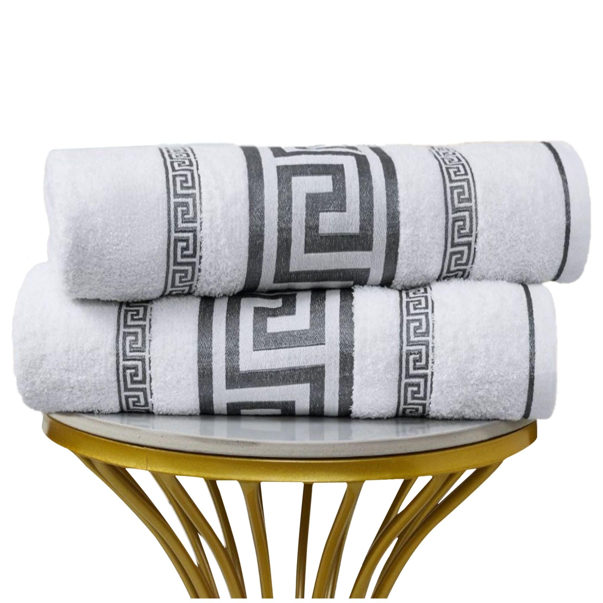 VELVETIO 2 Piece Regent Greek Sheet for Bathroom, Super Soft Thick 100% Cotton Jumbo Bath Sheet 100 x 180cm, Hotel Quality Highly Absorbent Greek Key Sheets 500 GSM, White