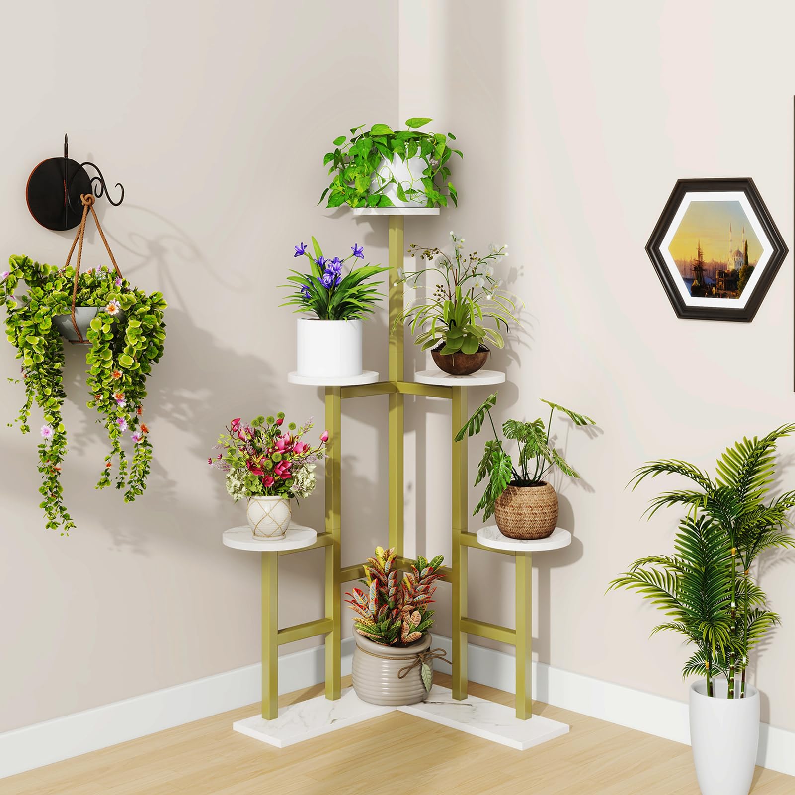 IBUYKE 6 Niveles Estanteria para Plantas de Madera, Soporte Plantas Interior de 108cm de Alto para Múltiples Plantas, Soporte Macetas para Plantas para Jardín Interior Balcón, Dorado TMJ072G