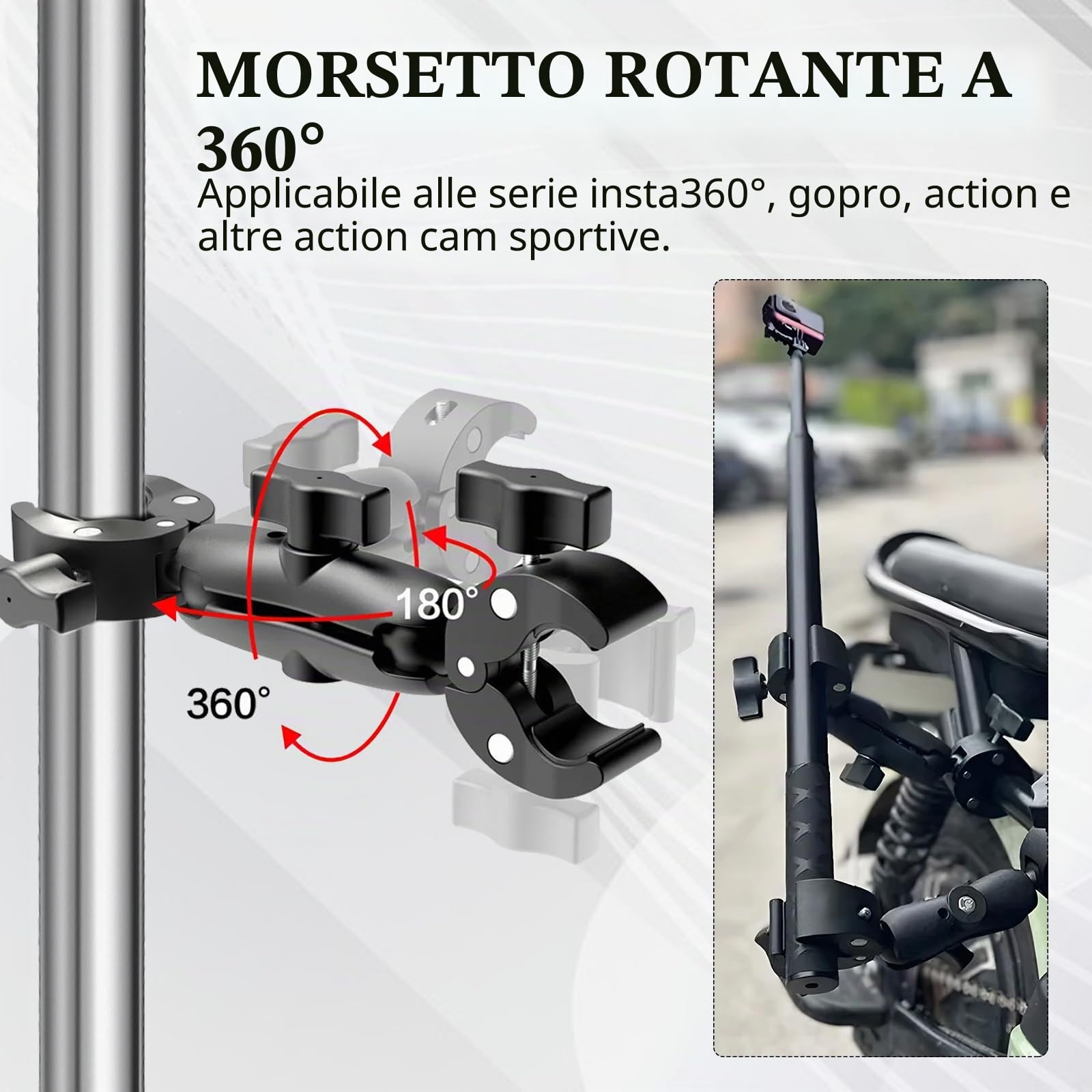 Supporto Moto per Insta360 x4 Action Camera, Moto Montaggio Kit Compatibile per Insta 360 X4 X3 X2 X RS GO 3, Rotazione a 360 Gradi Supporto a Doppia Pinza e Doppia Stabilità