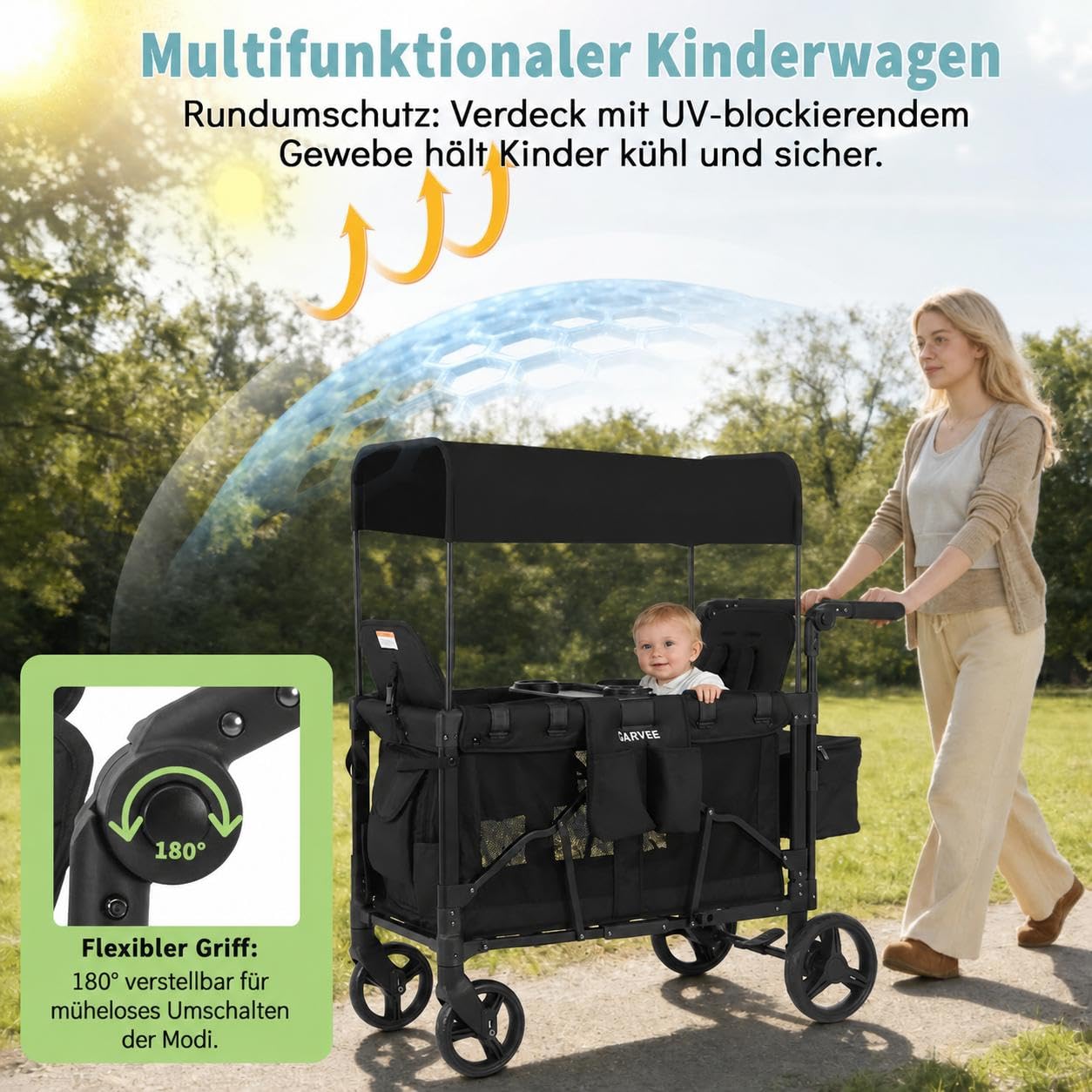 Bollerwagen Für 2 Kinder, Bollerwagen Faltbar Kinder mit Snack Ablage Bollerwagen mit Sitzen, abnehmbarem Sonnendach, 5-Punkt, schwenkbaren/feststellbaren Rädern und 600D Oxford-Gewebe