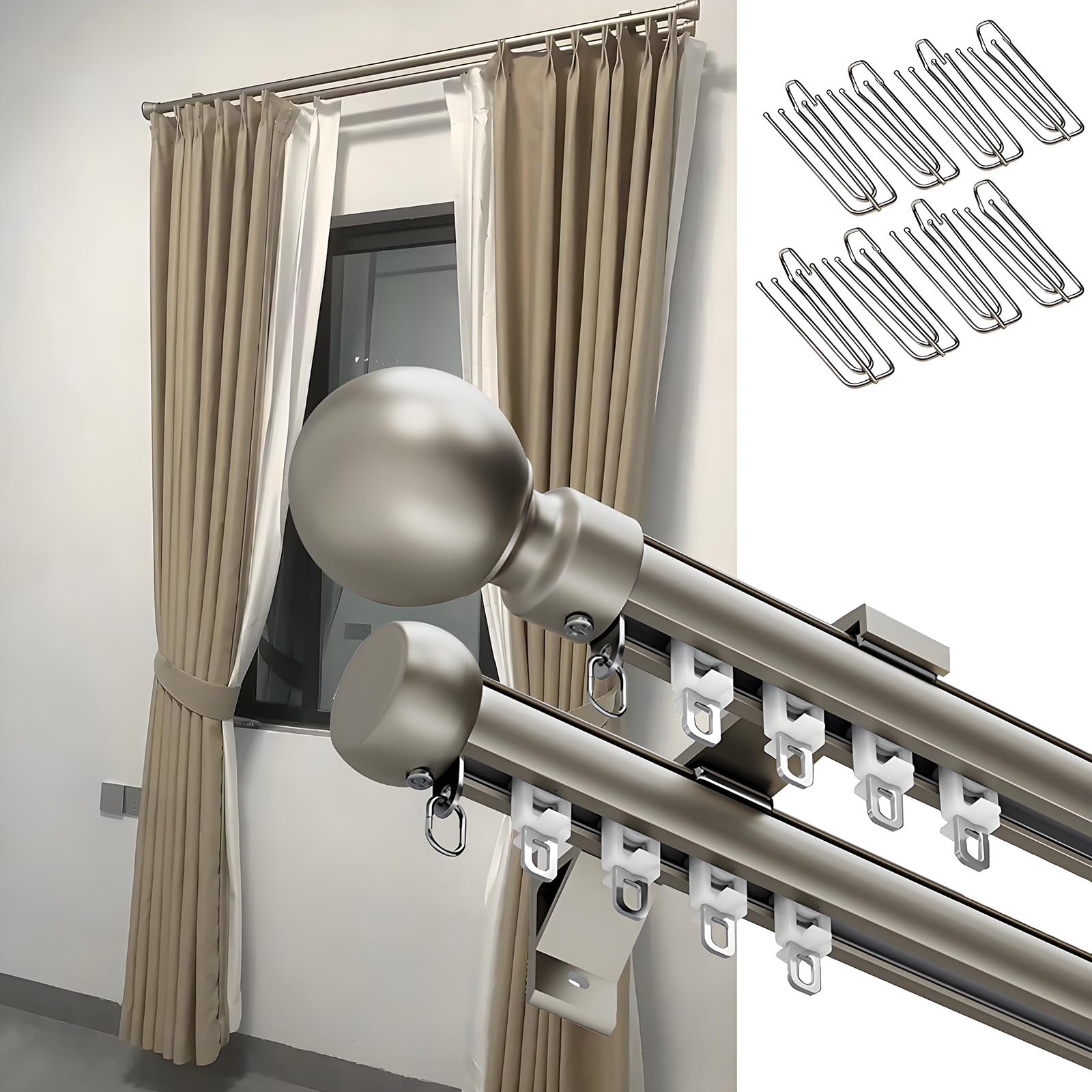 Gardinenstangen 2-Läufig aus Aluminium, Gardinenstange mit Geräuscharmen Rollen, Vorhangstange Wandwontage mit Gardinenhaken Dekorative Fenster für Wohnzimmer Schlafzimmer(Champagne,340cm)