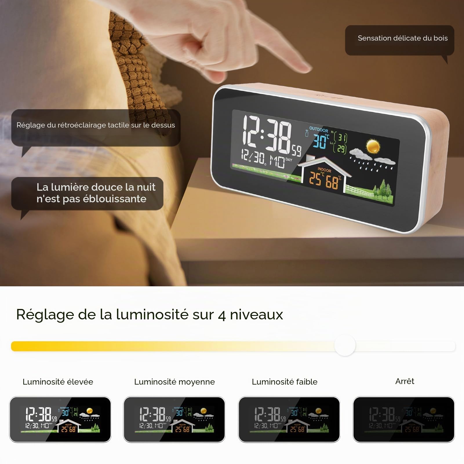 Greensen Horloge Météo en Bois avec Écran LCD Couleur, Réveil Numérique sans Fil, Capteur de Température et d'Humidité, Station Météo pour Intérieur