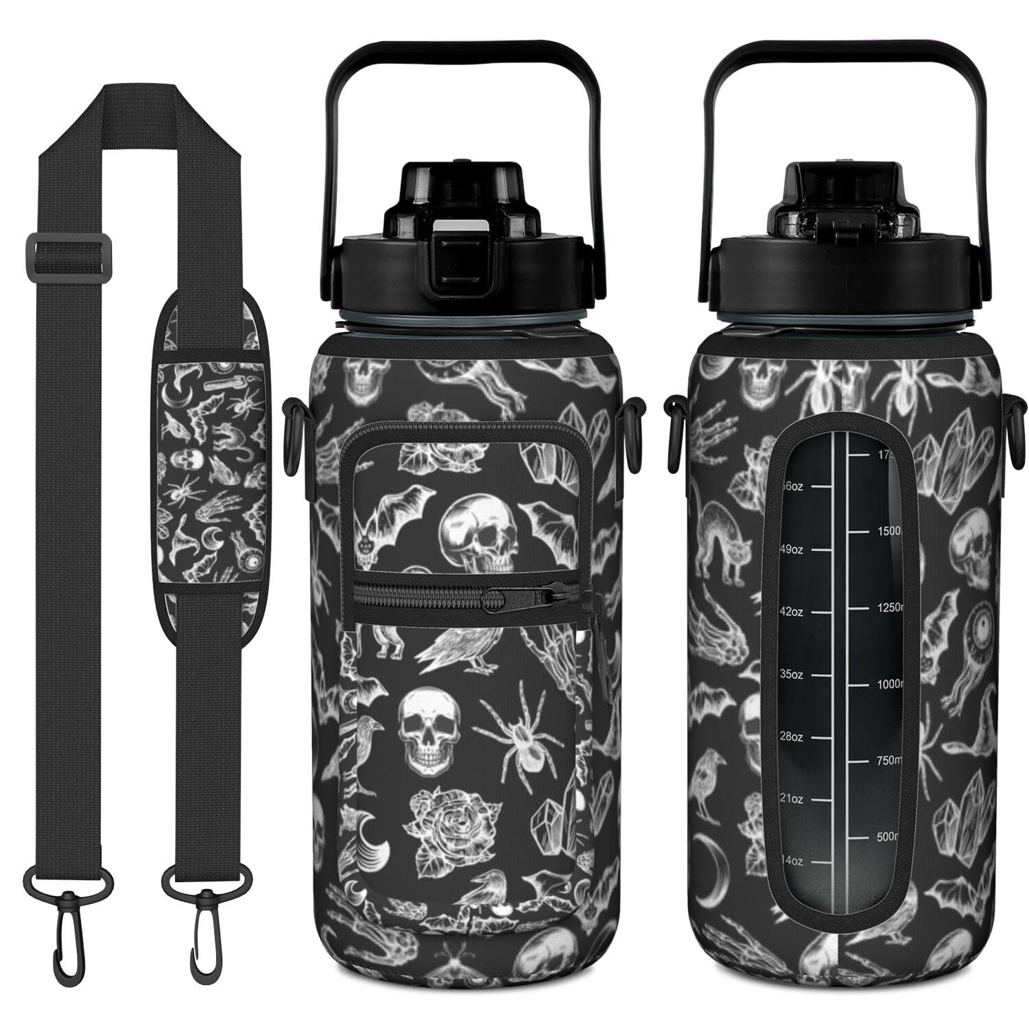 Goth Half Gallon Water Bottle with Sleeve -Flip Top Bpa Free 64 OZ - Motivational Time Marker Leakproof Water Jug - Goth Gifts for Women - Halloween Witchy Gothic for Gifts