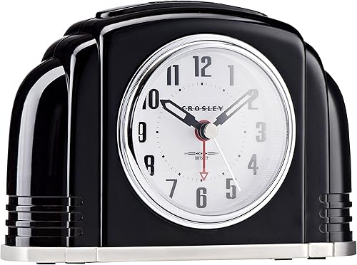 Vista 2 de Reloj despertador analógico vintage art deco Crosley, tictac tradicional, luz inteligente regulable automática, controles simples, (negro)