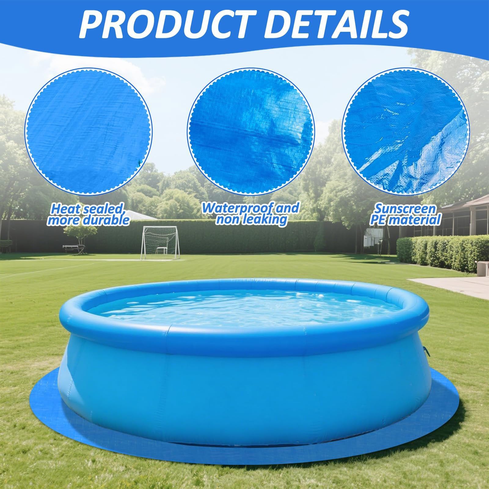 Alfombra Base Para Piscina Redonda - Protección Del Suelo, Varios Tamaños, Material PE Resistente, Diseño Azul