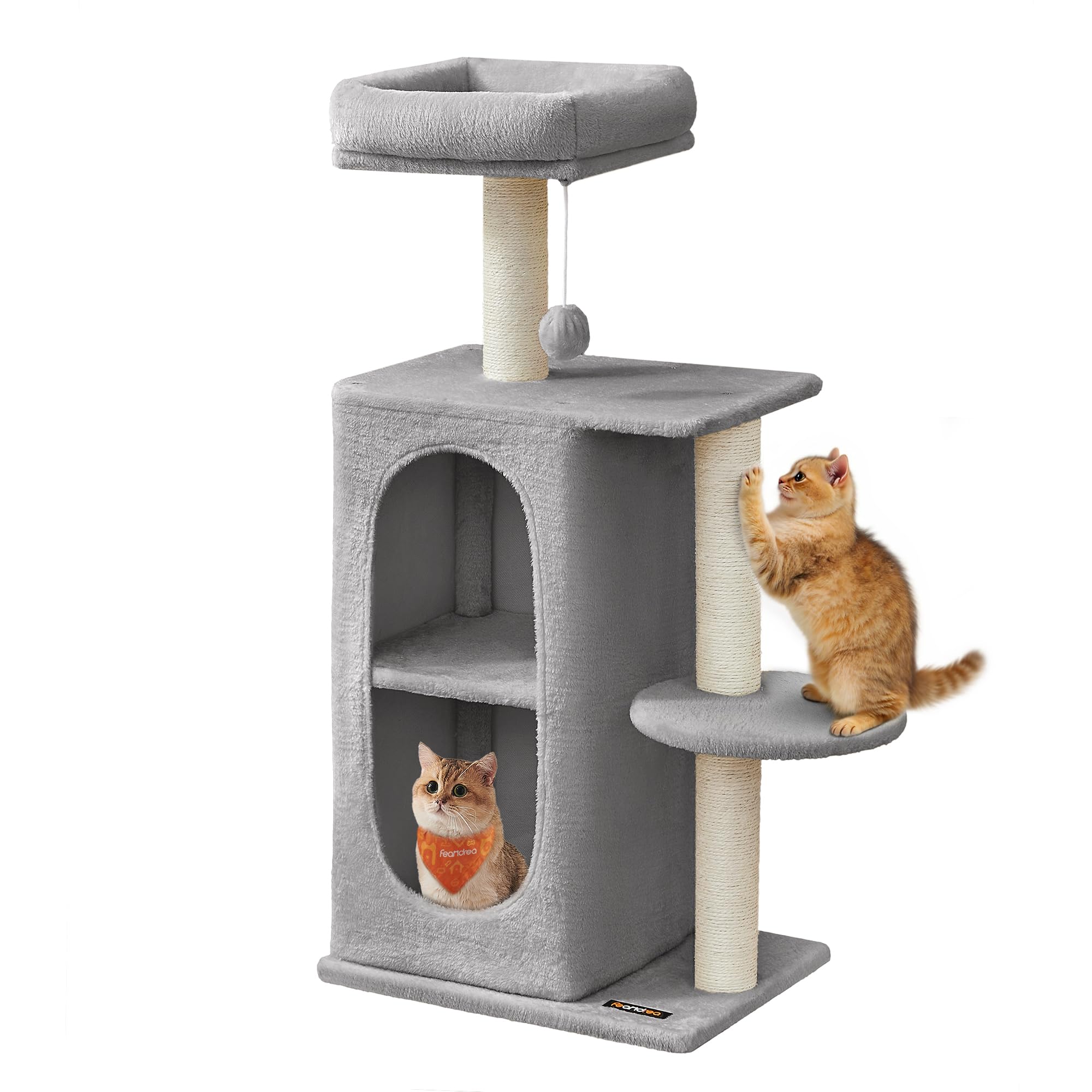 Feandrea Cat Tree Tower with 2 Caves, Scratching Posts, for Multi-Cat Households, Kittens, Light Grey PCT005G01