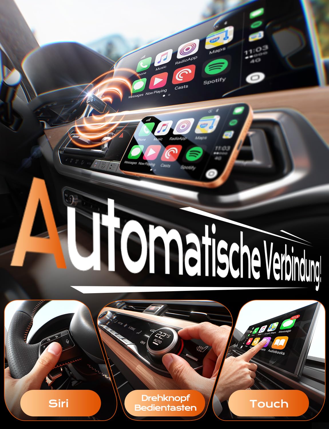 für Apple Carplay Wireless Adapter, 3X Autoverbindung, Keine Latenz, Plug&Play, Wireless Carplay Adapter, 2026 Mini Car Play Kabellos Dongle für GPS-Geräte mit Navigation, USB A/C (Schwarz)