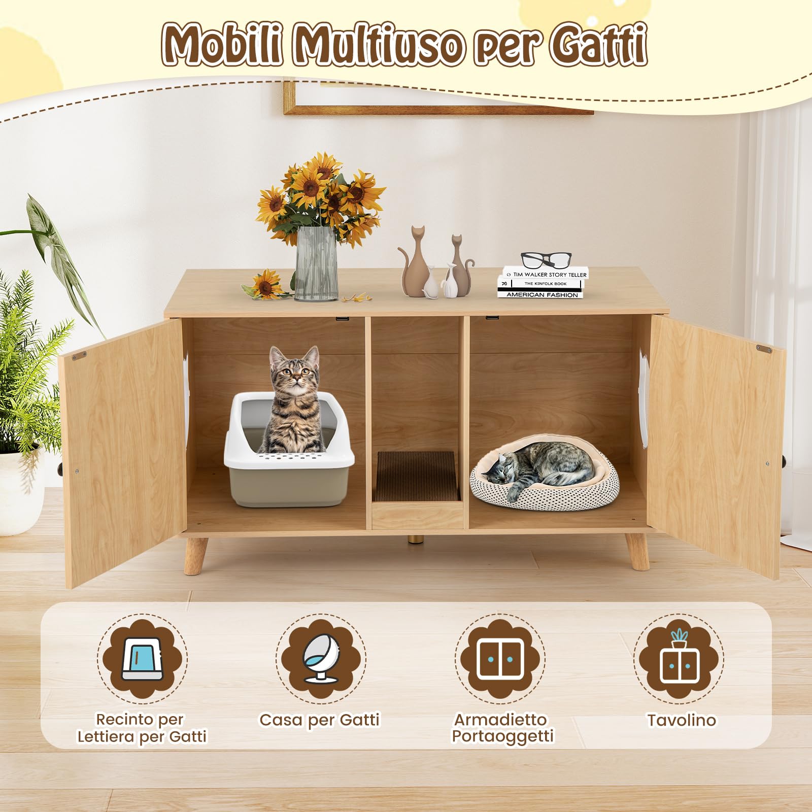 GYMAX Mobile per Gatti con Ampio Piano, 2 Piccoli Armadietti, Spazio Aperto, 2 Tavoletta e 1 Tappetino per Tiragraffi, Ingressi Laterali, Mobiletto per Lettiera, Cuccia (Naturale)