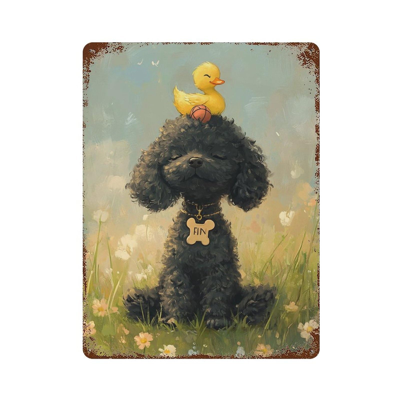 Garage Style Adorable Poodle with Rubber Duck Aged Metal Wall Plaque 15.7"x11.8", Novelty Wall Decor for Bar And Workshop