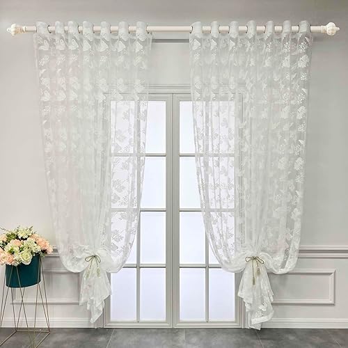 Miniatura 3 de NewWPKIRA Cortina transparente de encaje blanco estilo princesa para dormitorio, panel de cortina de tul con bordado de mariposa blanca para