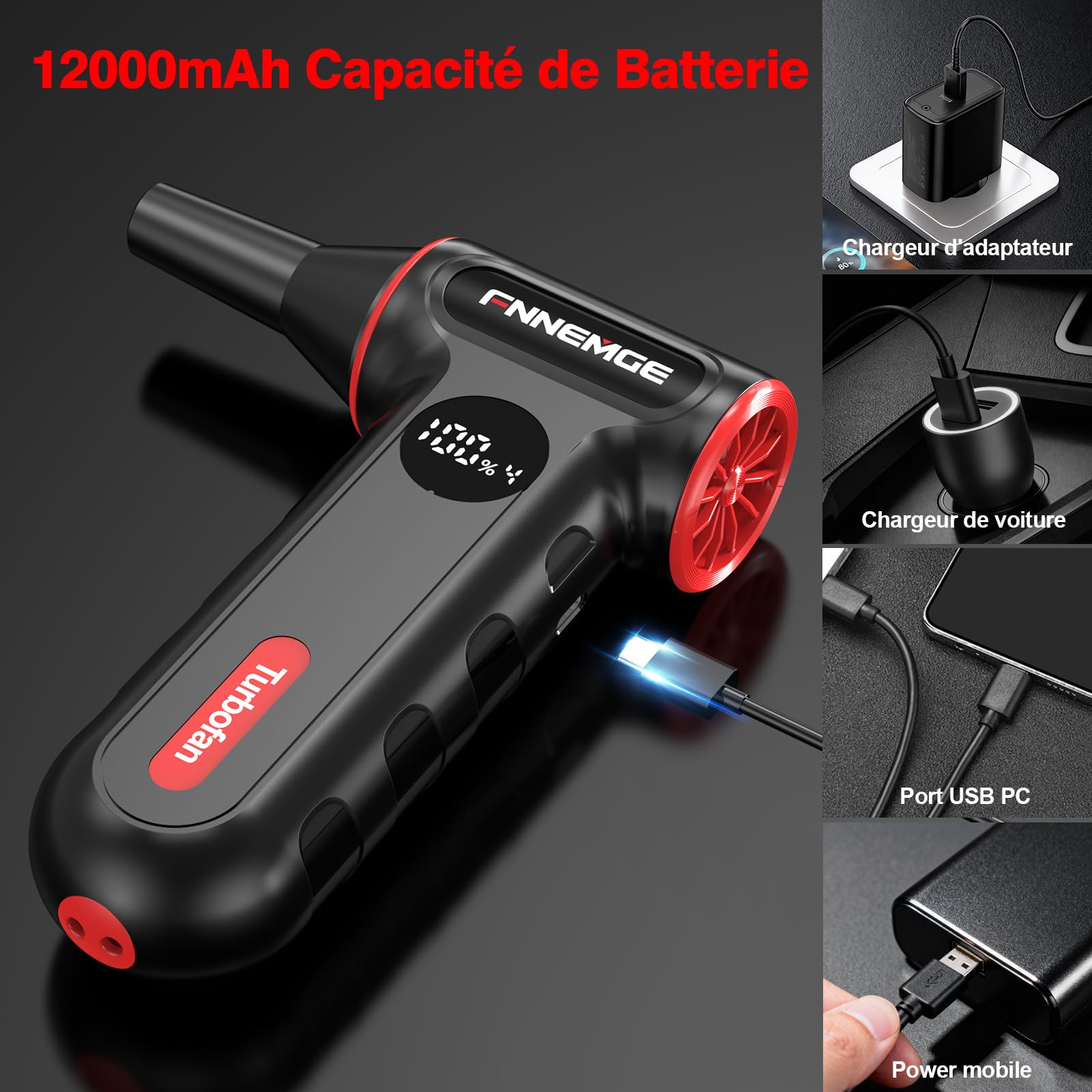 FNNEMGE Souffleur Air Comprimé 220000 tr/min, Dépoussiéreur Electrique à 4 Vitesses Réglables. Adapté à l'élimination de la Poussière sur Ordinateurs, Claviers, Voitures, en Extérieur et à la Maison