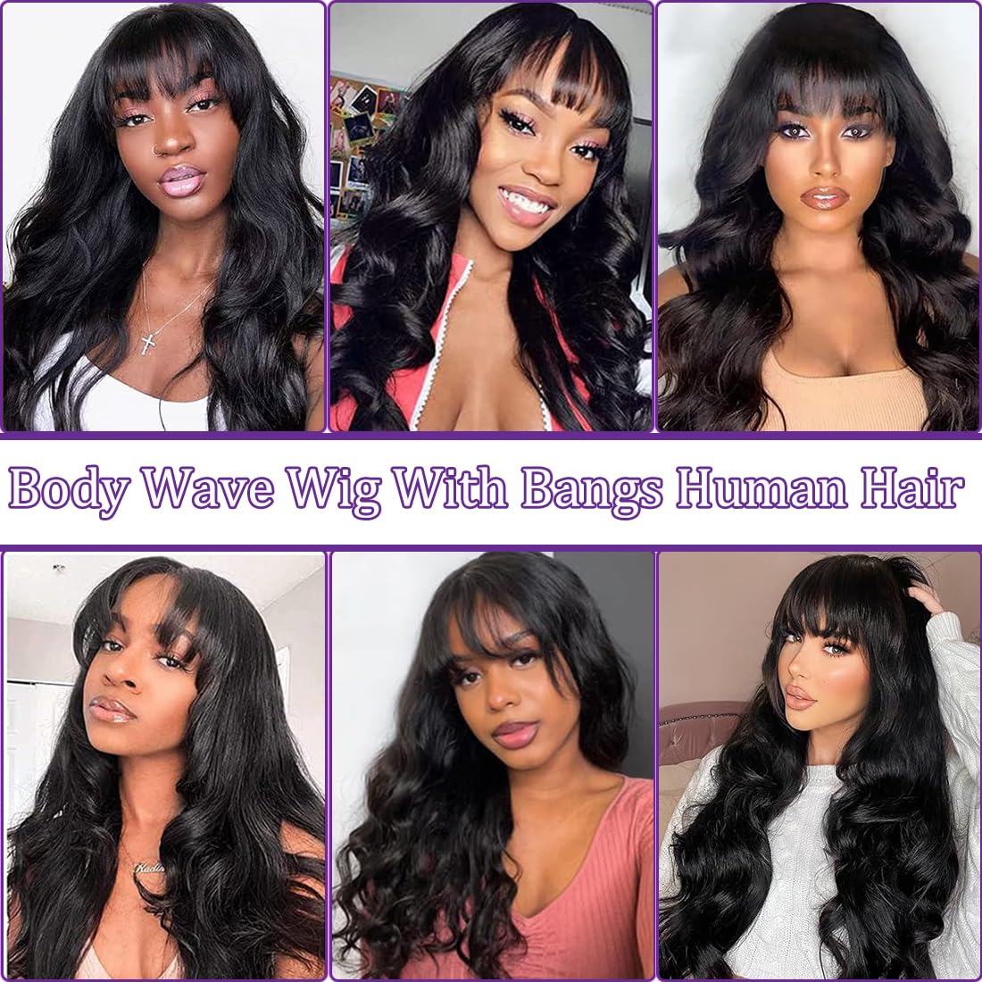Amazon.com : Body Wave Wigs With Bangs Human Hair For Black  display picture 3