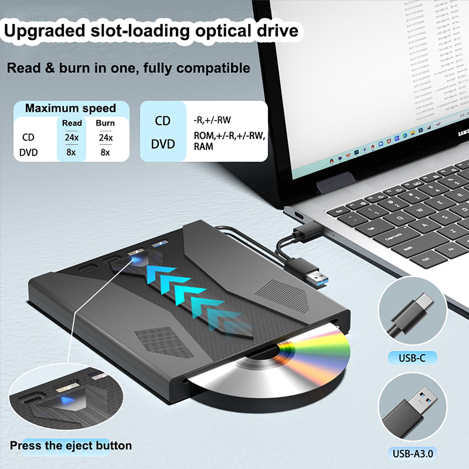 Zewnętrzny Napęd Optyczny Usb 3.0/Typ-C, Nagrywarka CD/DVD, Szybki Transfer 5 Gb/S, Obsługa Kart SD/TF, Do Laptopów I Komputerów Stacjonarnych, Instalacja Bez Sterowników