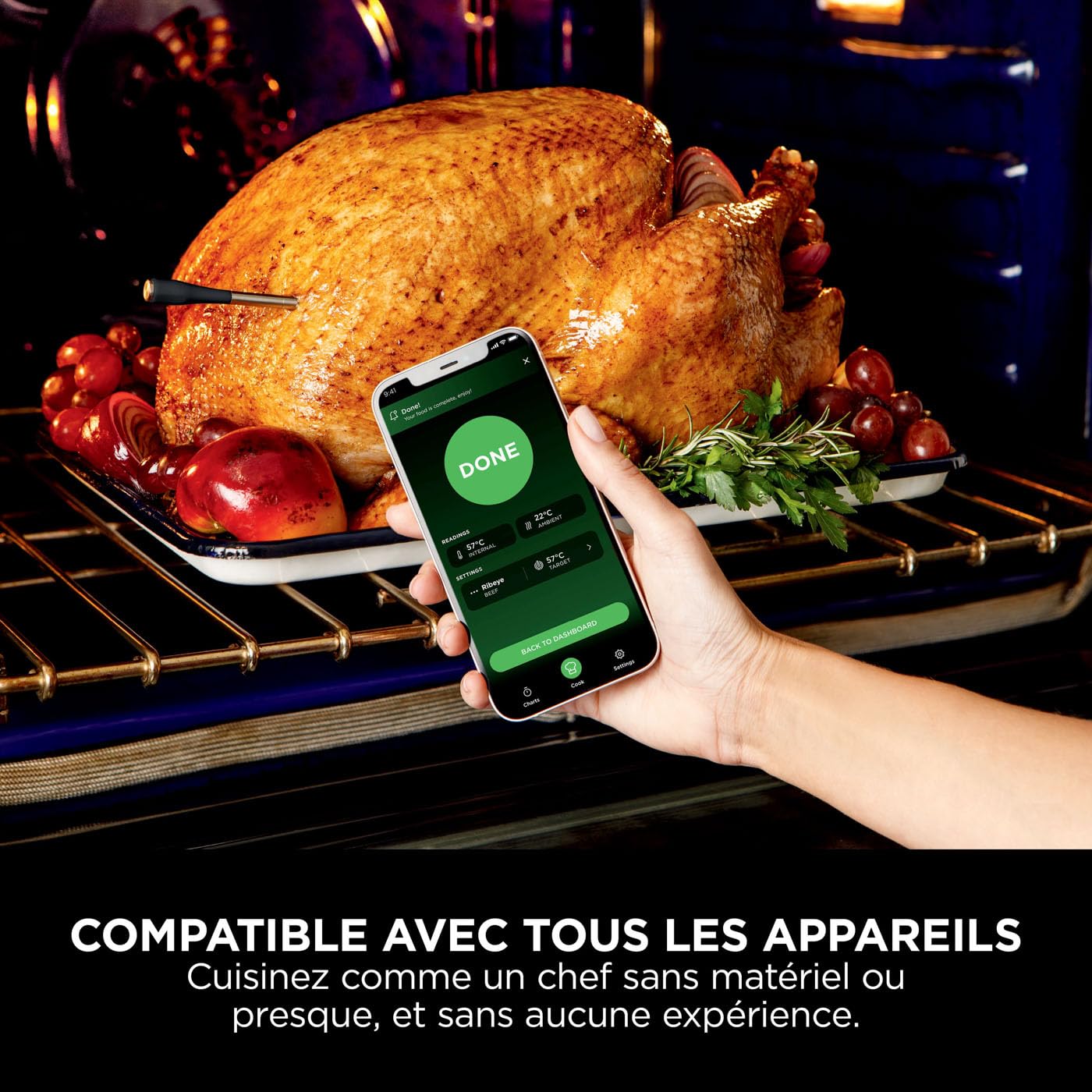 Ninja ProChef Sonde thermomètre à viande sans fil intérieur/extérieur, grillades et fritures sans huile avec portée Bluetooth de 50 m, autonomie 30 heures, connectée à l'app et étanche WP100EU