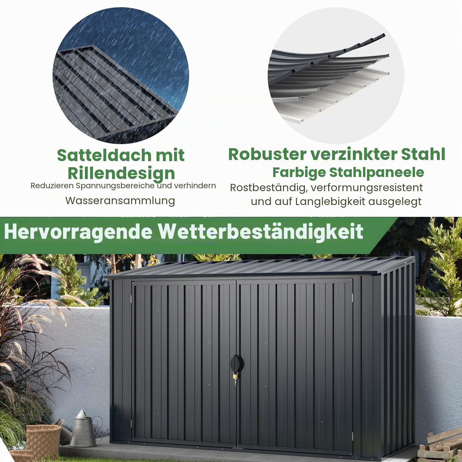 HOMASIS Mülltonnenbox für 2 x 120 L Mülltonnen, 1,9 m³ Gerätehaus Metall, wetterfest Geräteschuppen mit Doppeltür & Klappdeckel, abschließbar Gartenbox Müllbox dunkelgrau, inkl. 2 Handschuhen, Grau