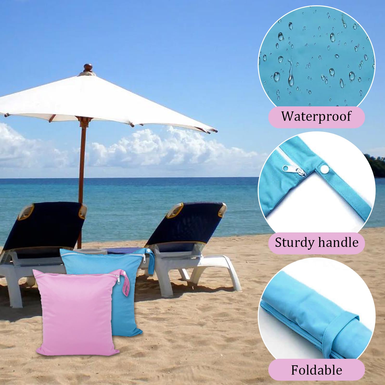 2 Pièces Sac Linge Sale, Sac Etanche 28 × 30 cm, Wetbag étanche à l'eau, Sacs étanches Réutilisable pour Produits pour Bébé Sports Natation Vacances à la Plage Salle de Sport (Bleu et Rose) | Sac à Couches Lavable avec Poignée et Fermeture Éclair pour Mai