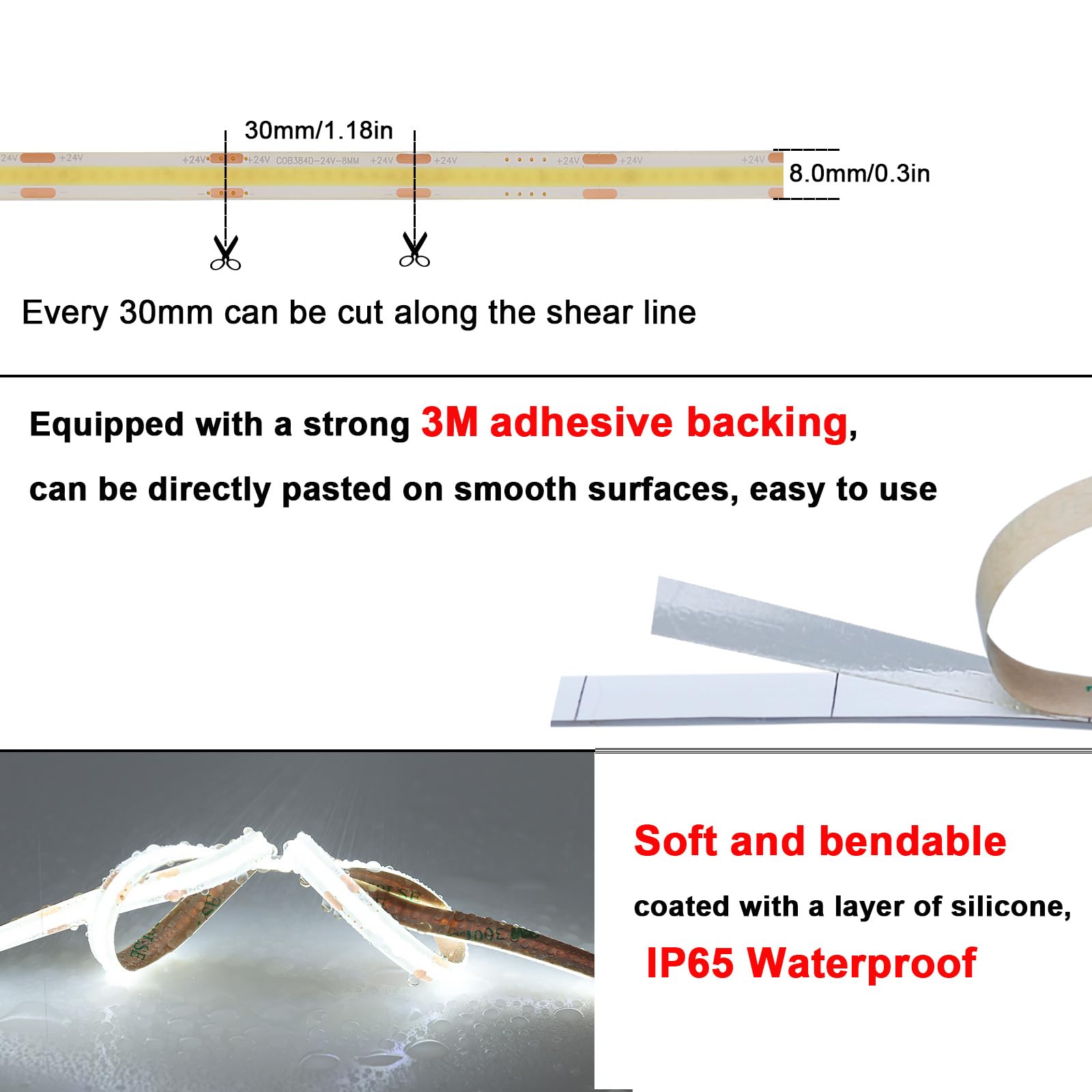 TOPAI Tira LED COB 10M Blanco Frío 6000K Exterior IP65 Impermeable 24V Alta Luminosidad CRI>93 384LED/M Autoadhesivo Cortable Flexible para Cocina, Dormitorio, Baño, iluminación DIY