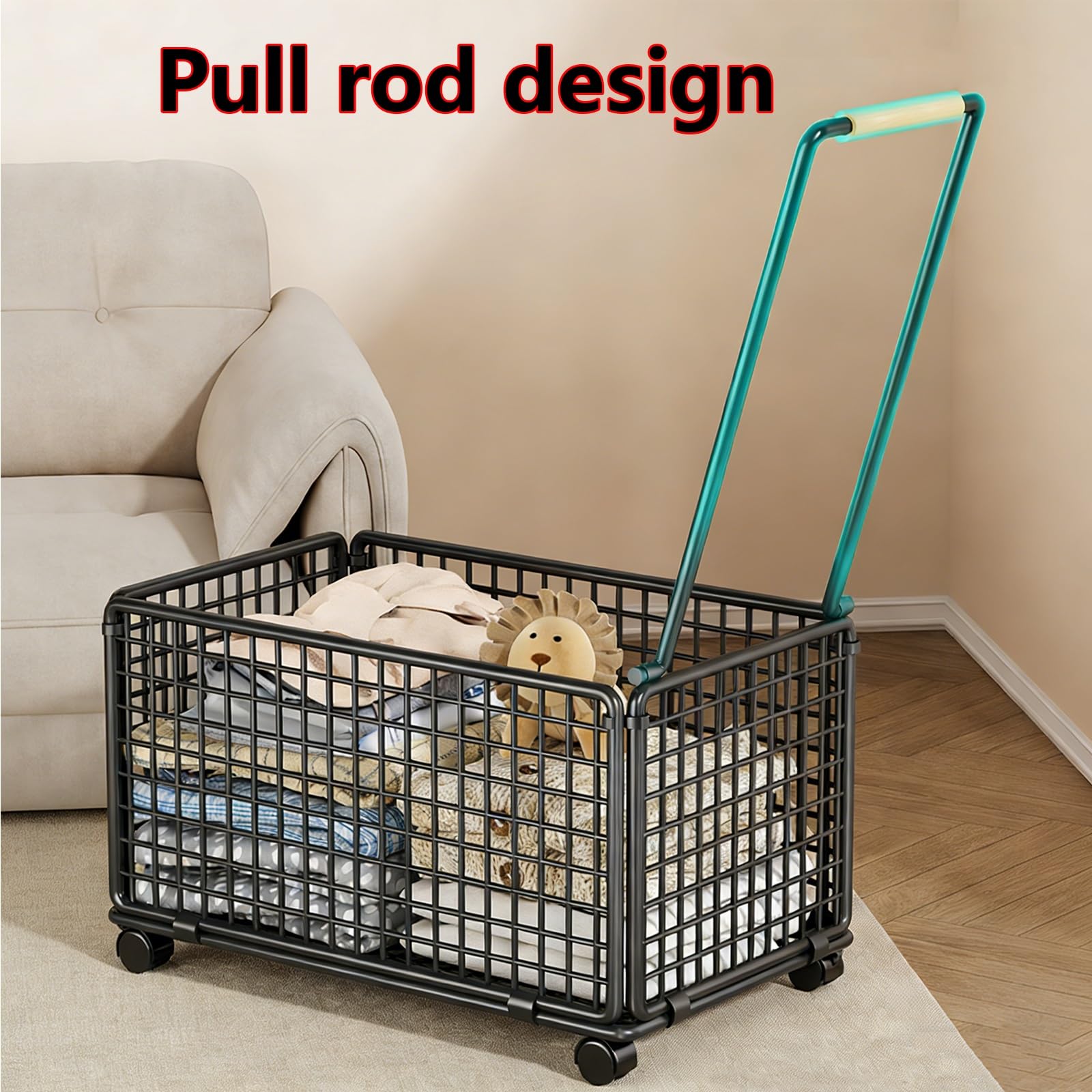 Cesto portaoggetti con manico, grande contenitore in metallo con ruote, cesto portabiancheria mobile per camera da letto, bagno, soggiorno, contenitore per giocattoli