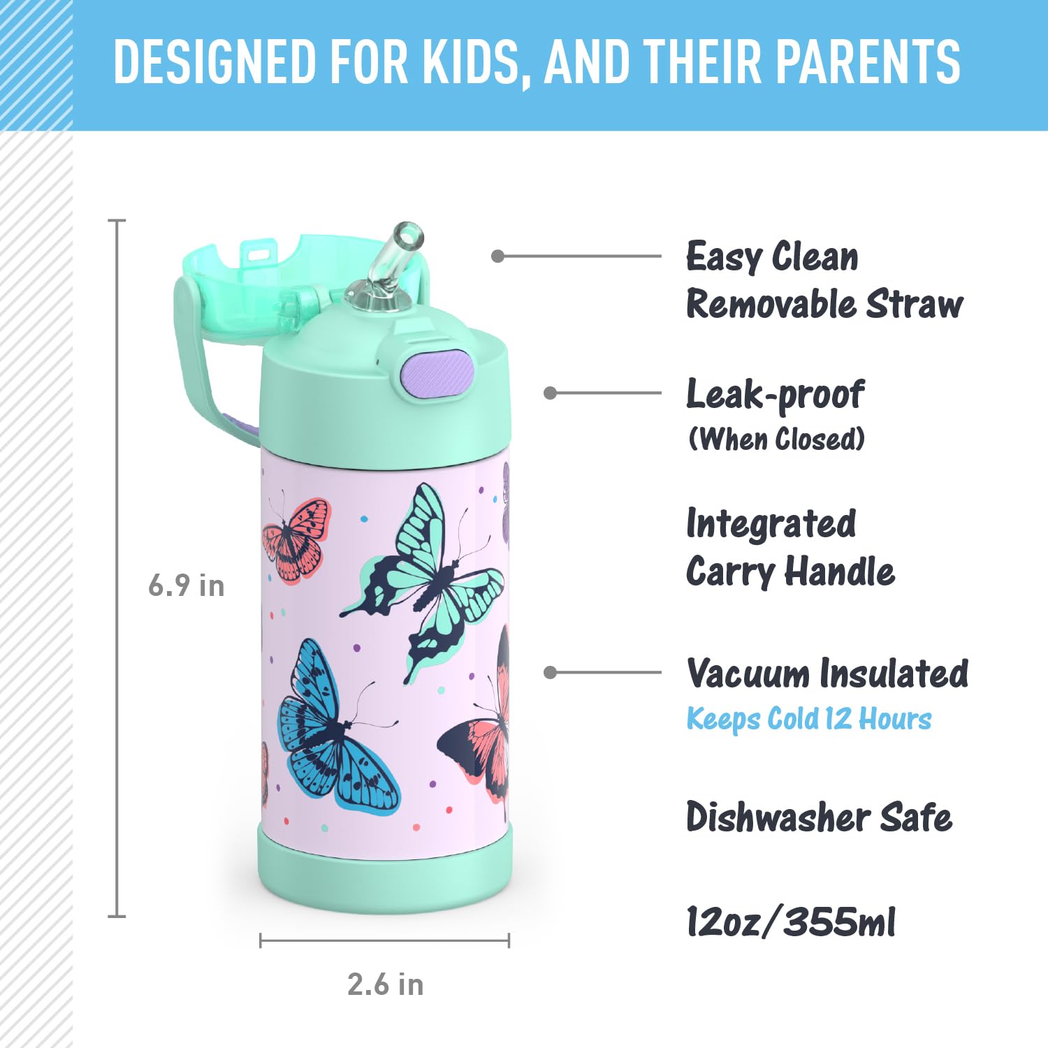 THERMOS FUNTAINER Trinkflasche mit Strohhalm, 340 ml, Butterfly Frenzy