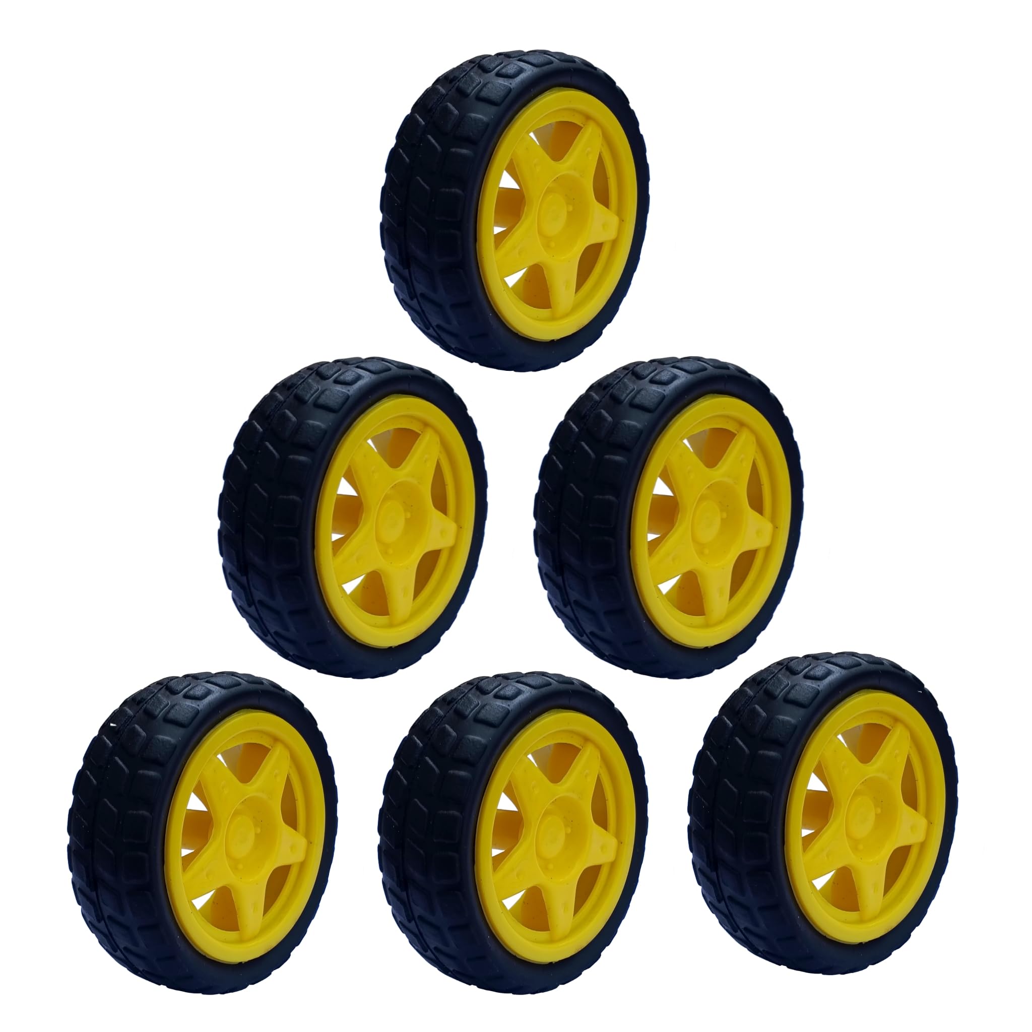 QUICK CLICK 65 MM GEAR MOTOR TYRE/WHEEL, TYRE FOR TOY CAR, BO MOTOR, DC GEAR MOTOR TYRE, ELECTRONIC SCHOOL PROJECTS, RUBBER TYRE, YELLOW WHEEL (PACK OF 6)