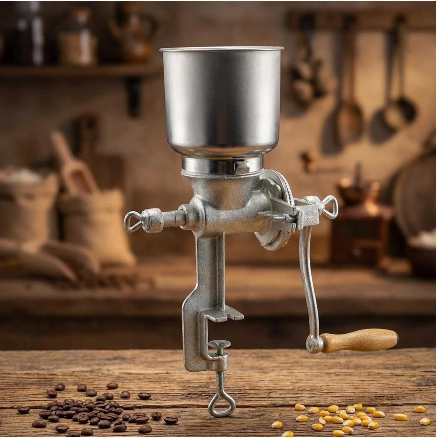 Manual Grain Mill Grinder, Hand Crank Corn Grinder with Large Hopper & Table Clamp, Heavy Duty Aluminum Wheat Grinder, Ergonomic Wooden Handle Mill for Corn, Wheat, Oats, Coffee Beans and Nuts